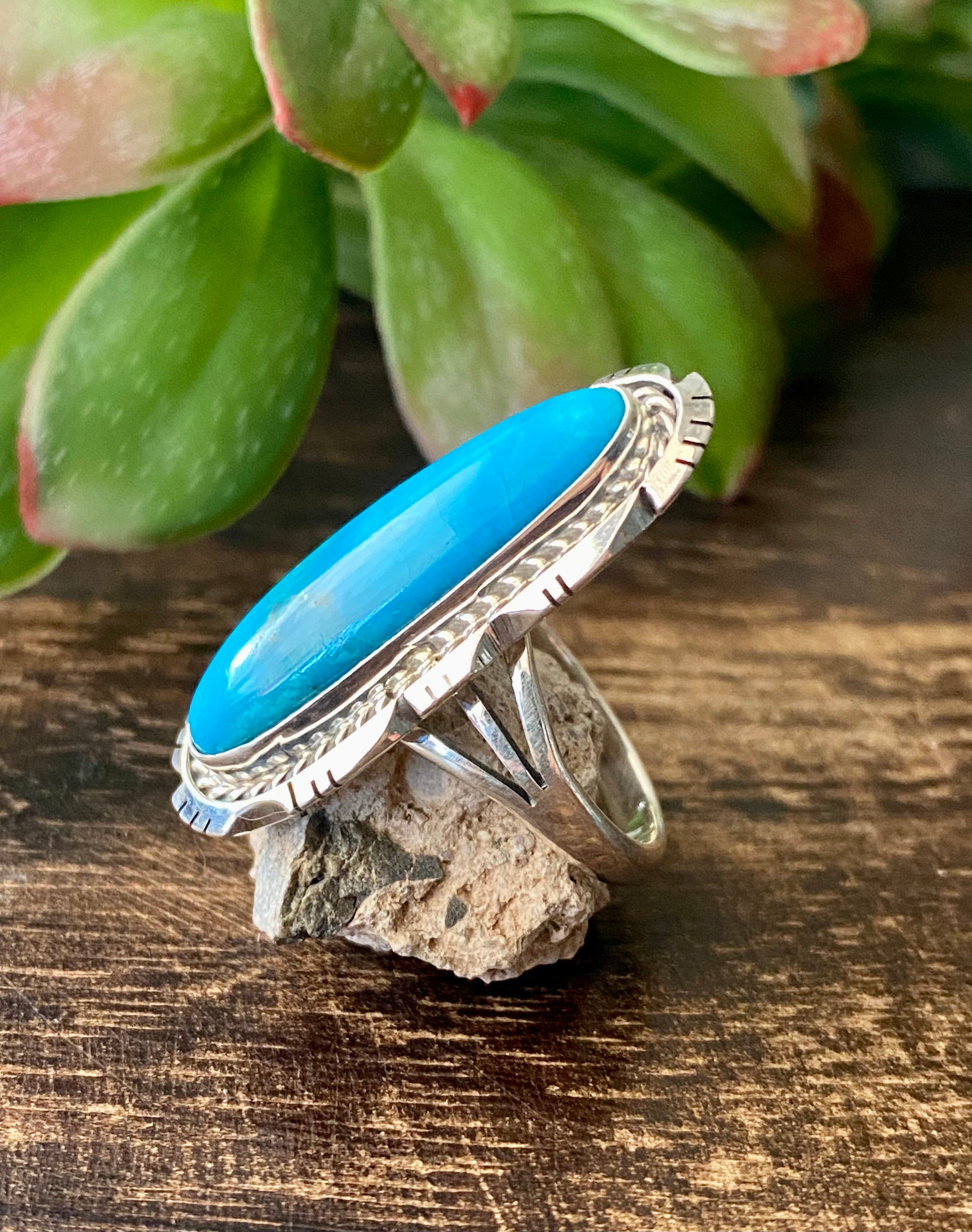 Navajo Made Kingman Turquoise & Sterling Silver Ring Size 7.5