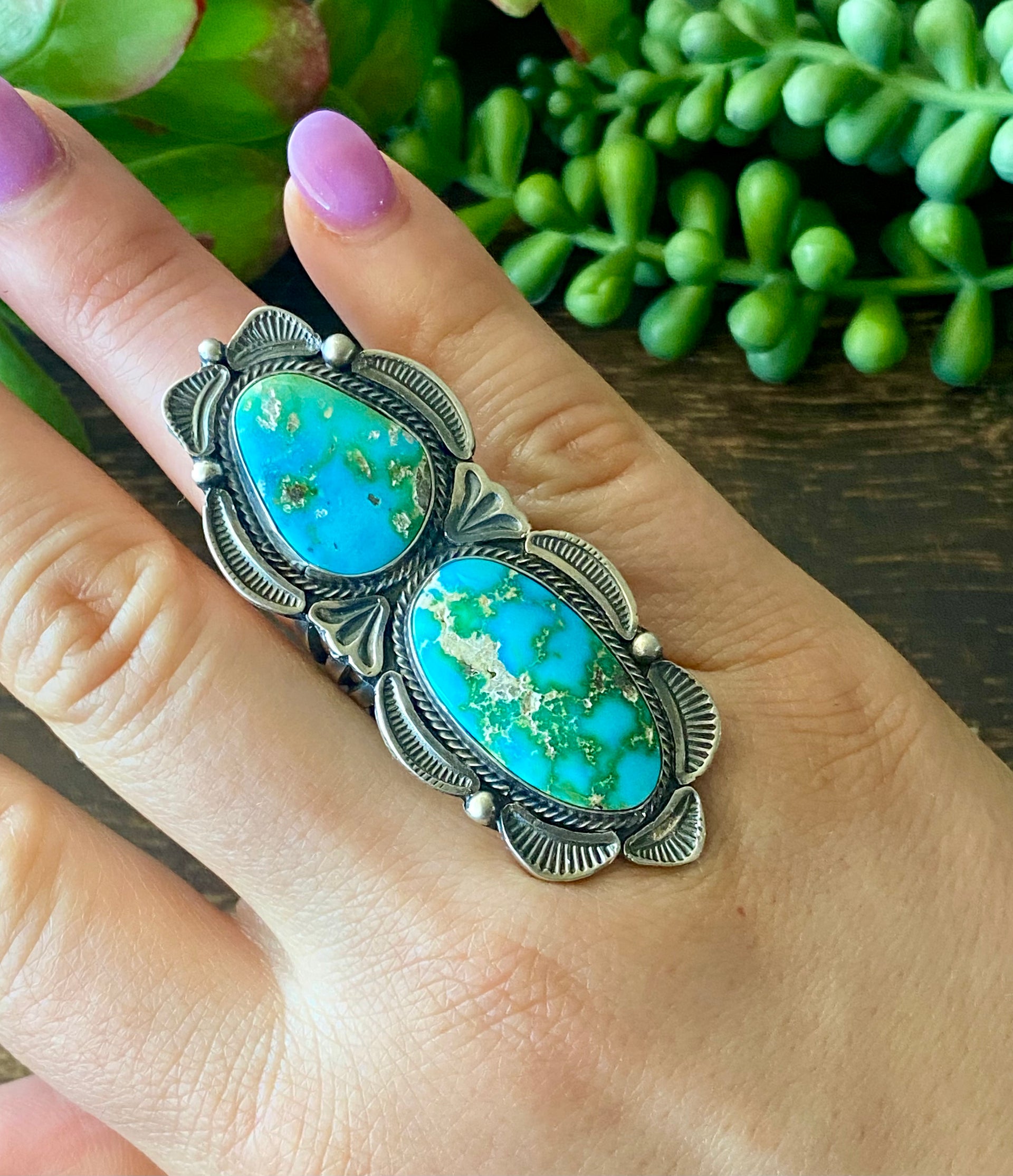 Sheila Tso Sonoran Mountain Turquoise Sterling Silver Cluster Ring Size 8.25