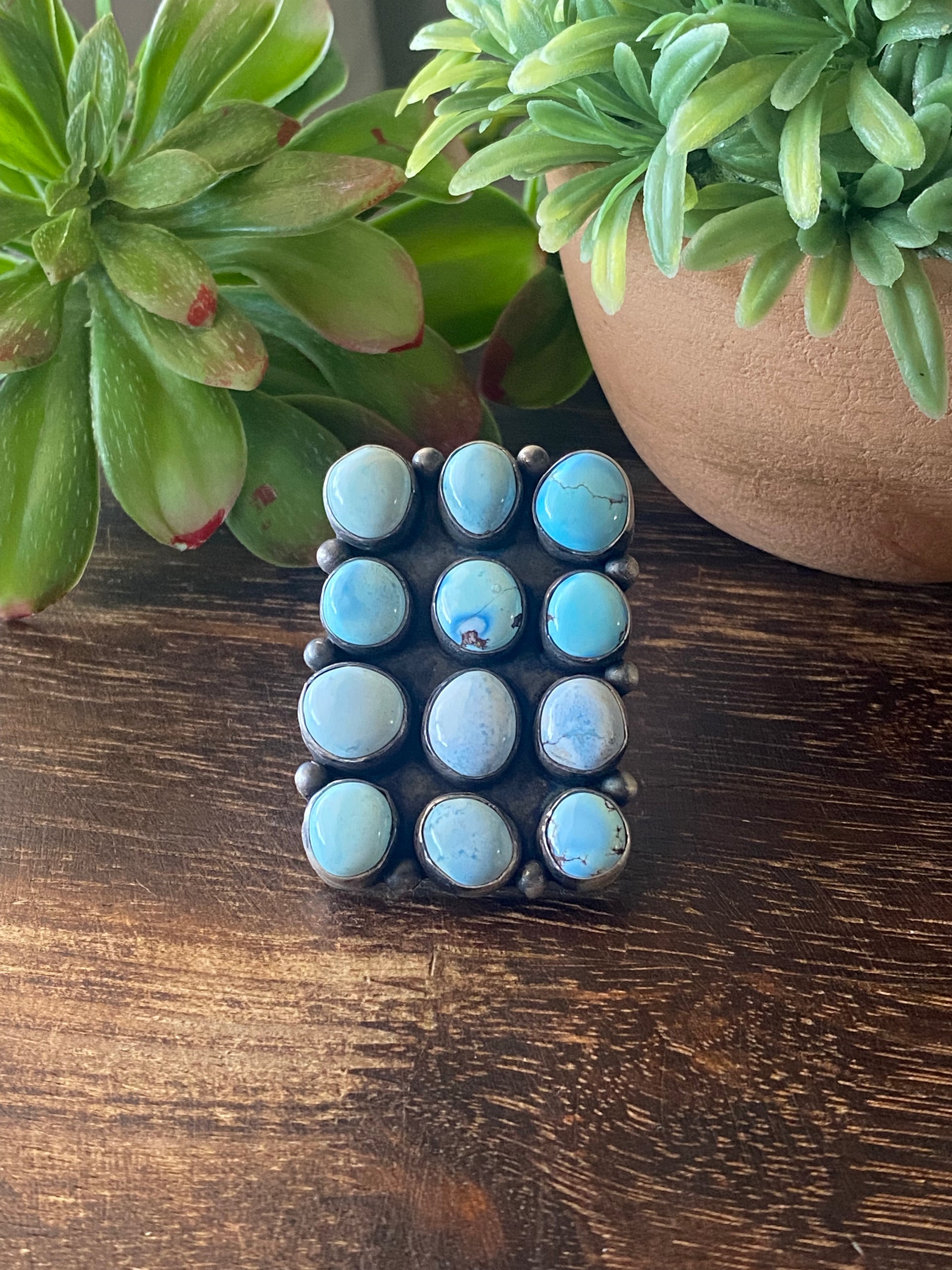 Bea Tom Golden Hills Turquoise & Sterling Silver Cluster Ring Size 8