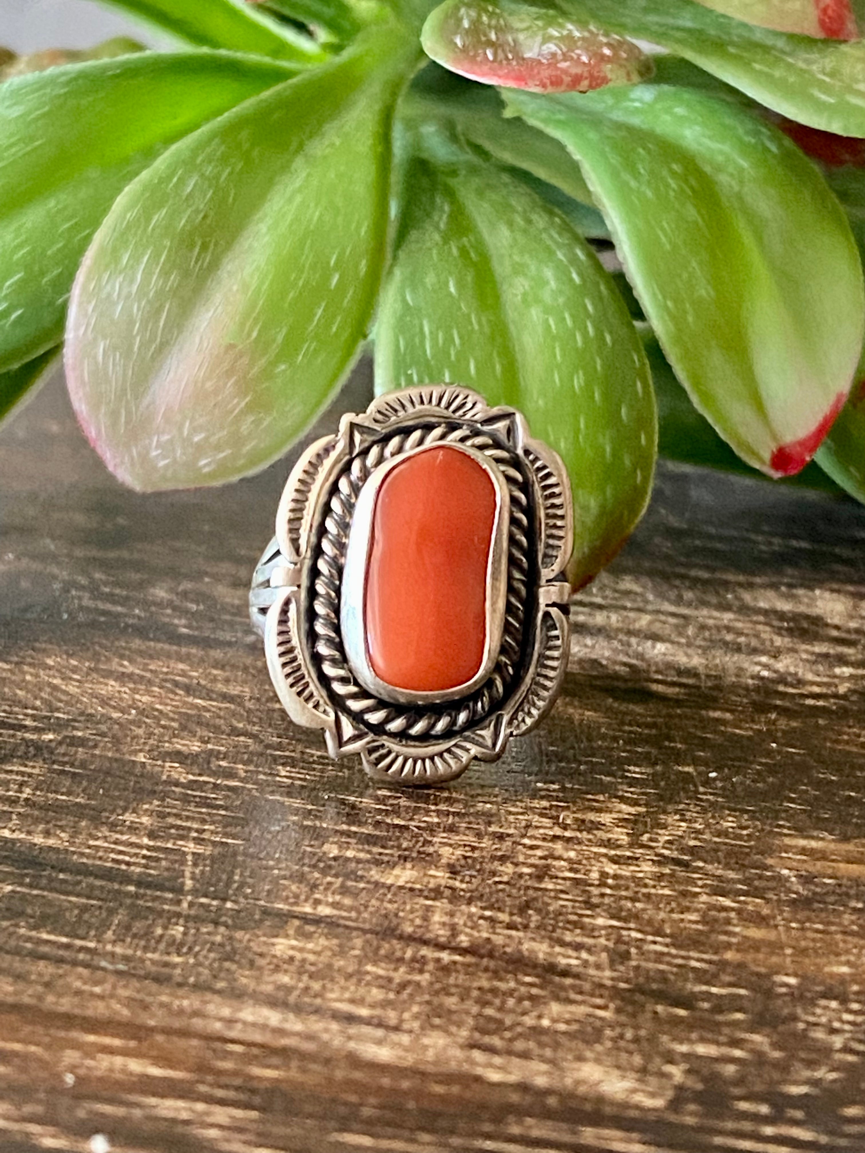 Navajo Made Coral & Sterling Silver Ring Size 6.25