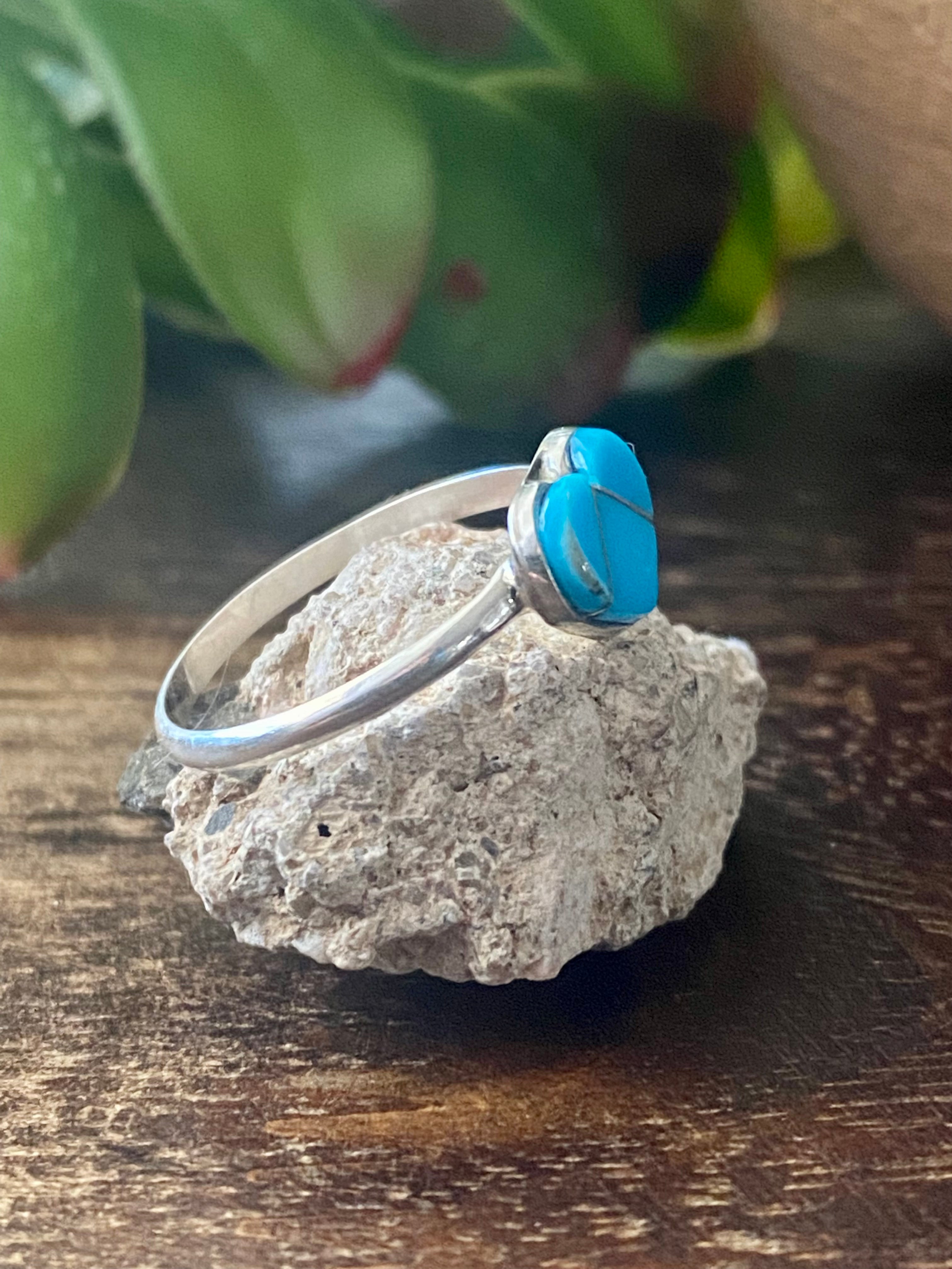 Navajo Made Turquoise & Sterling Silver Inlay Heart Ring Size