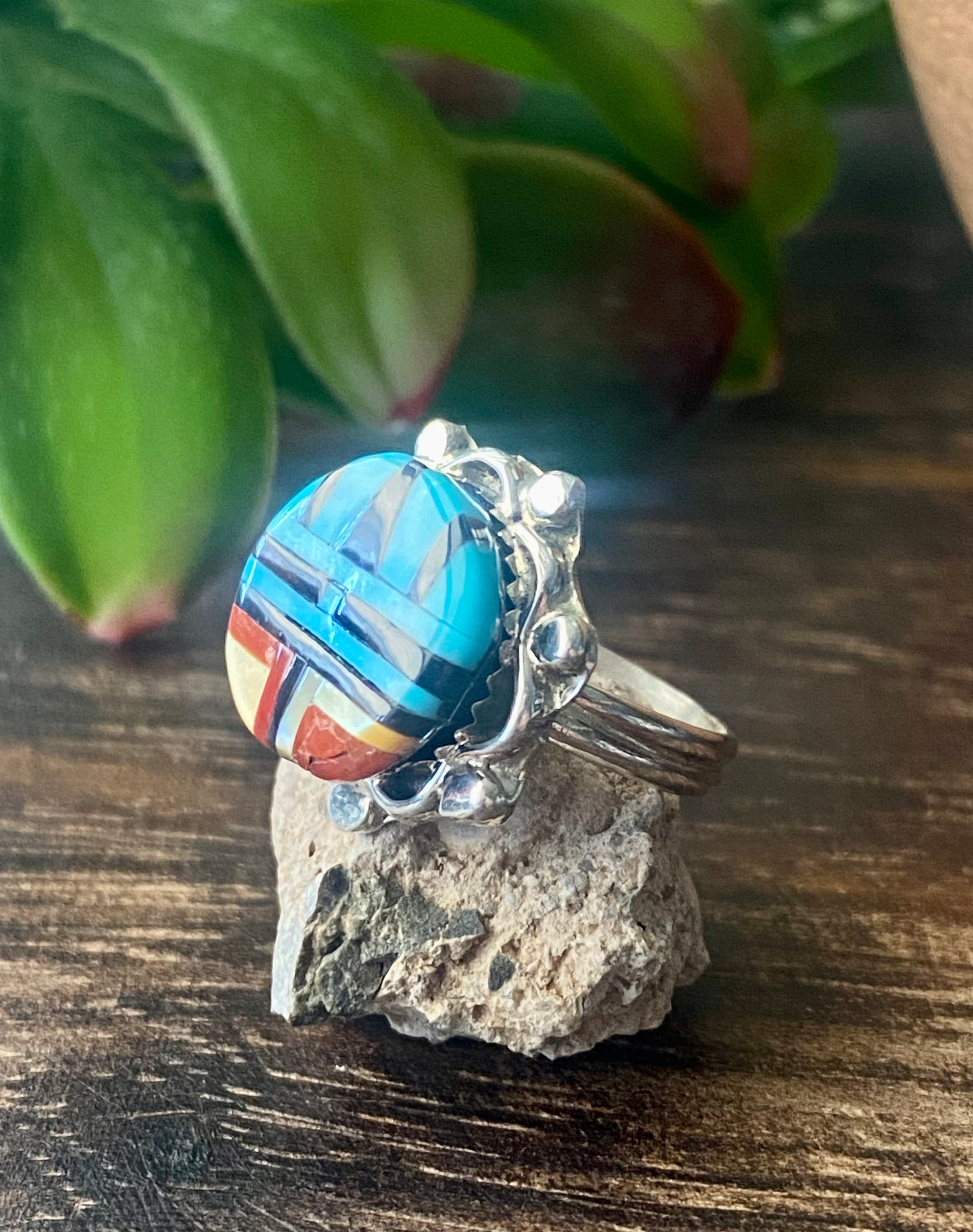 Zuni Made Multi Stone & Sterling Silver Inlay Ring Size 6.5