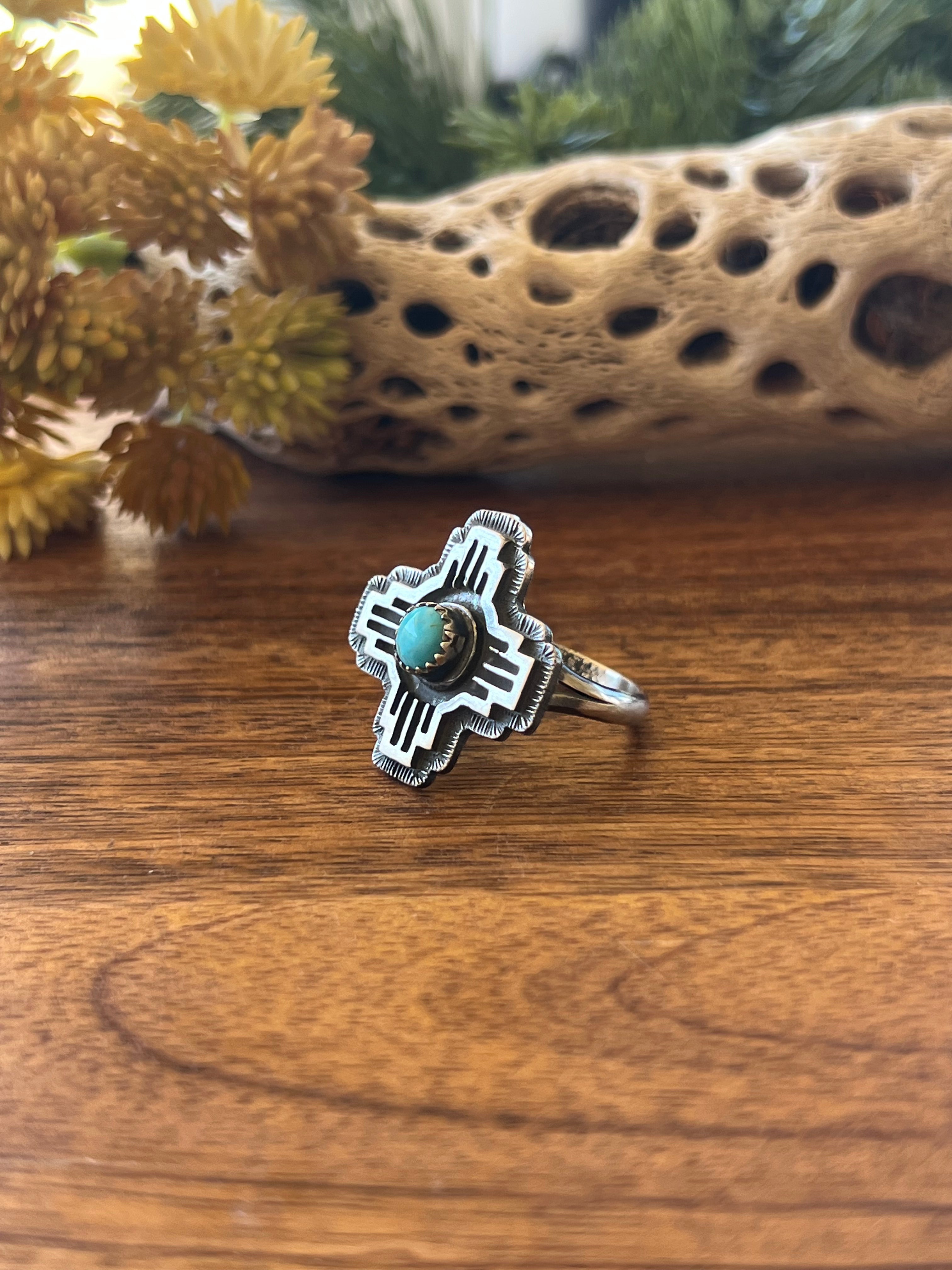 Navajo Made Kingman Turquoise & Sterling Silver Zia Ring