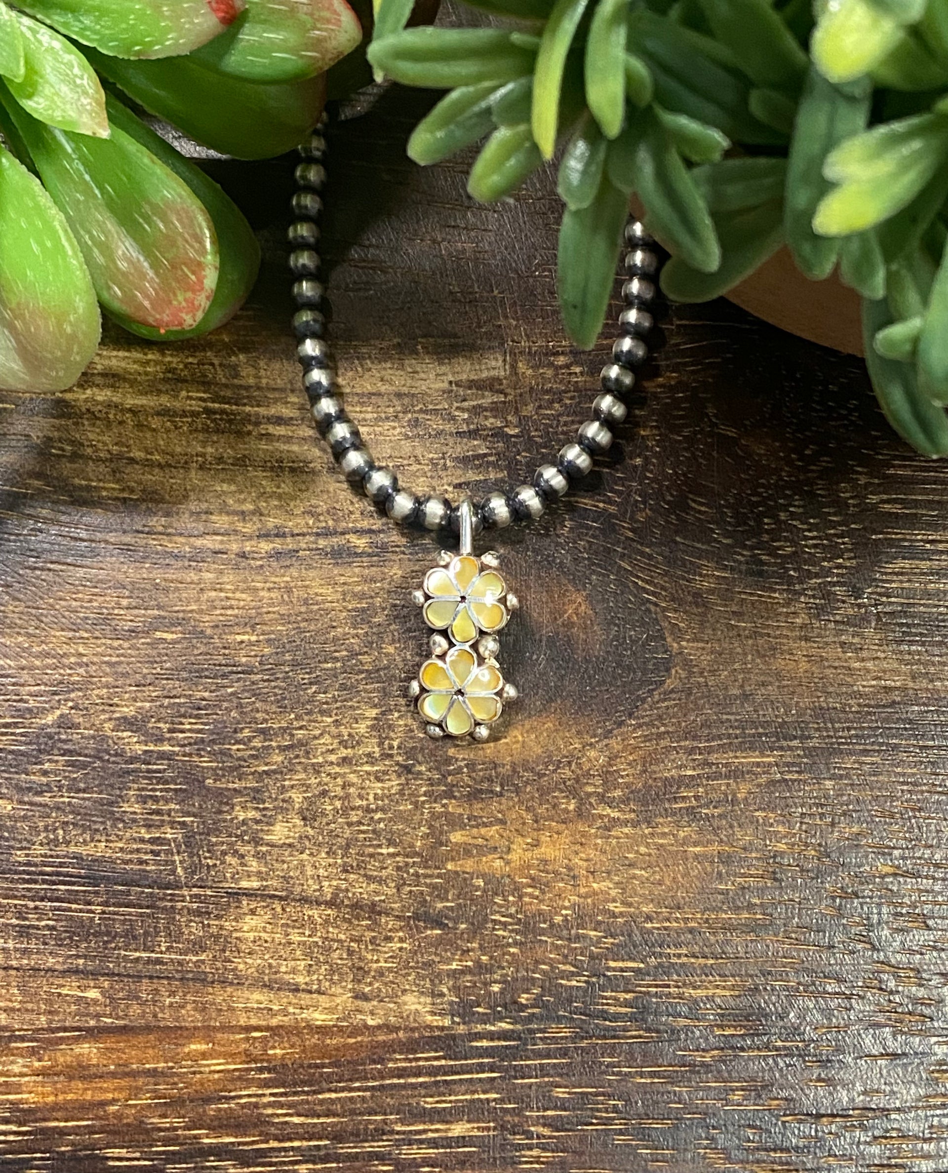 Zuni Made Mother of Pearl & Sterling Silver Inlay Flower Pendant