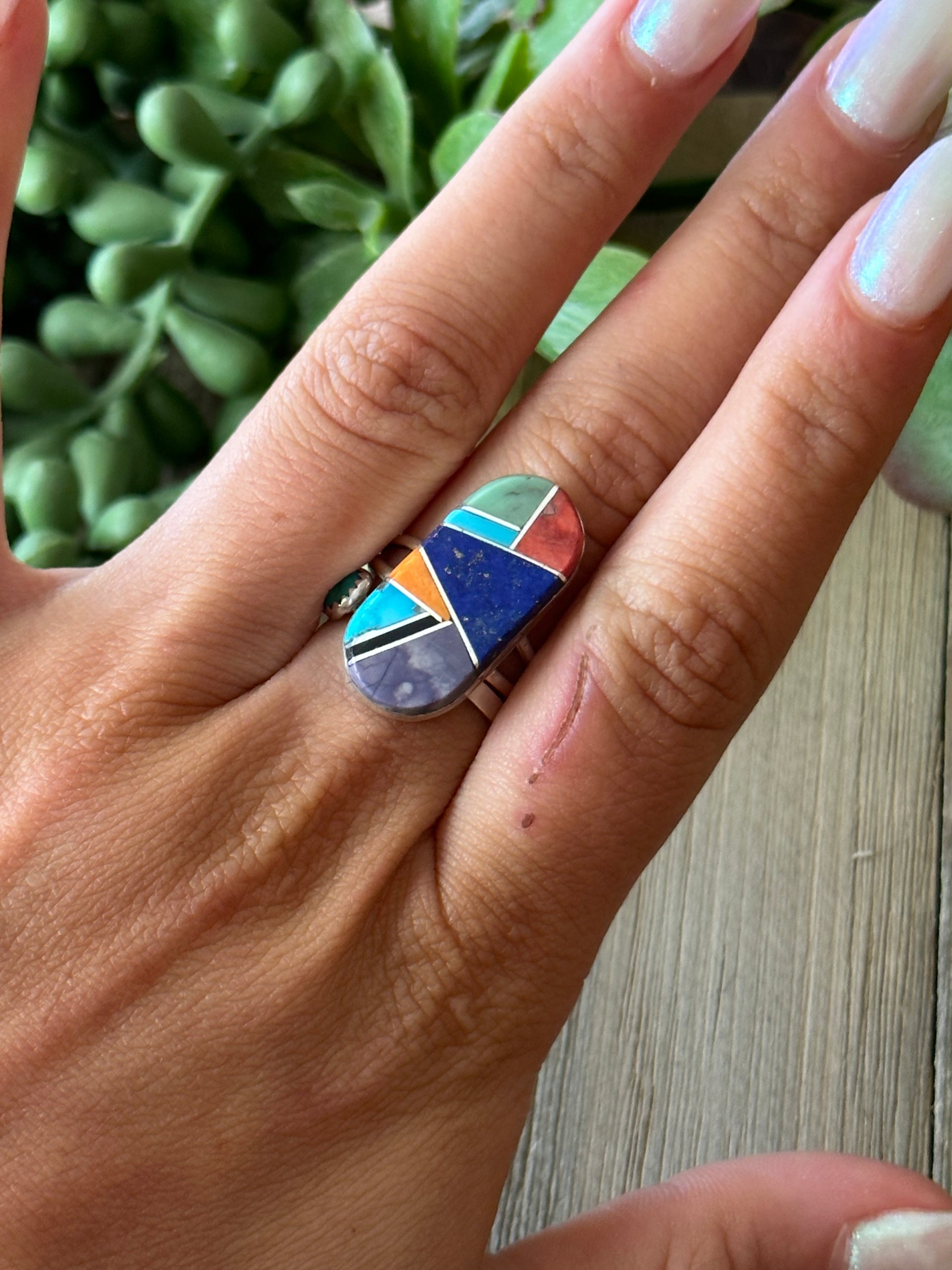 Navajo Made Multi Stone & Sterling Silver Inlay Ring Size 7.25