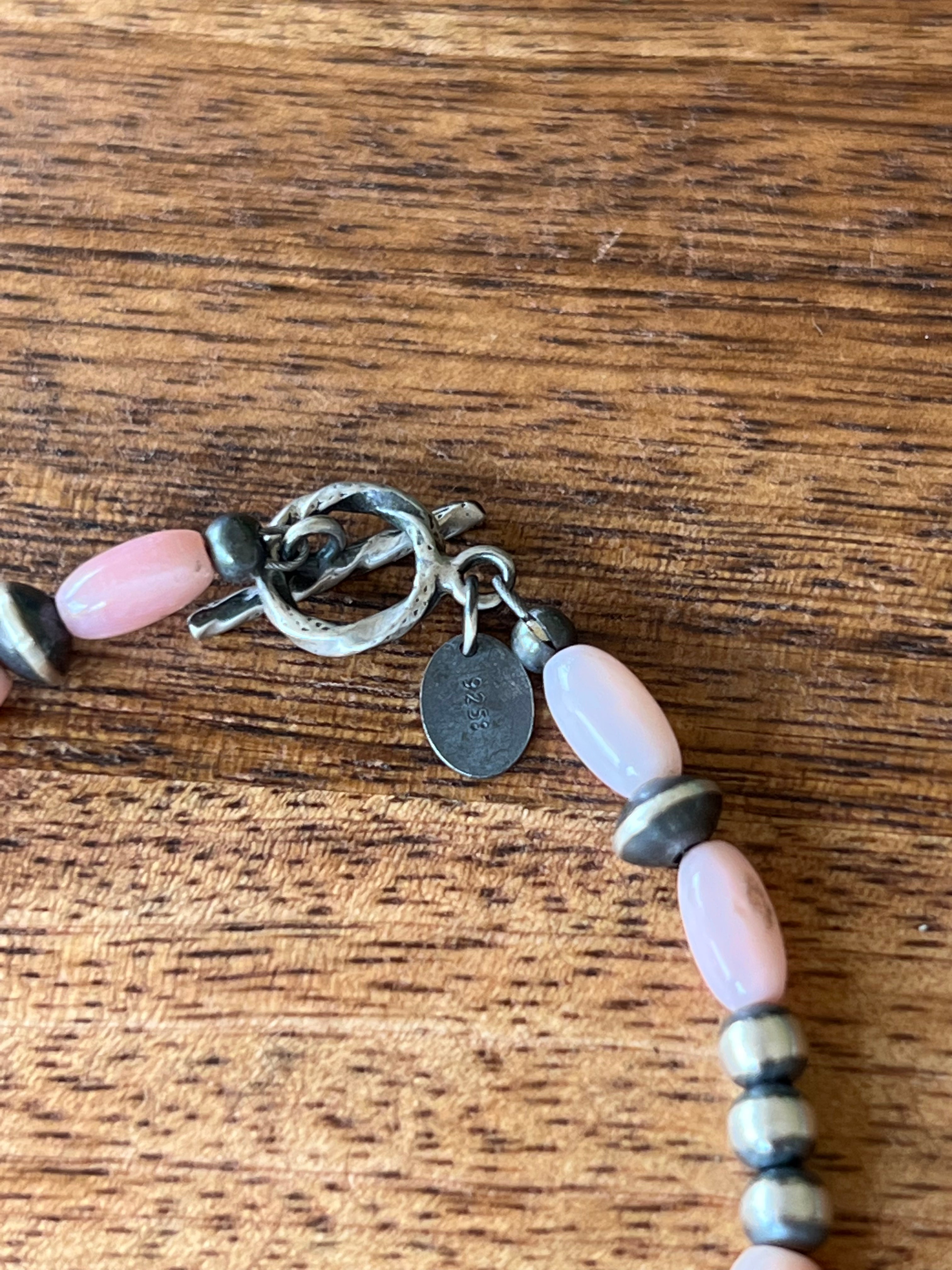 Navajo Strung Pink Coral & Sterling Silver Graduated Pearl Bracelet