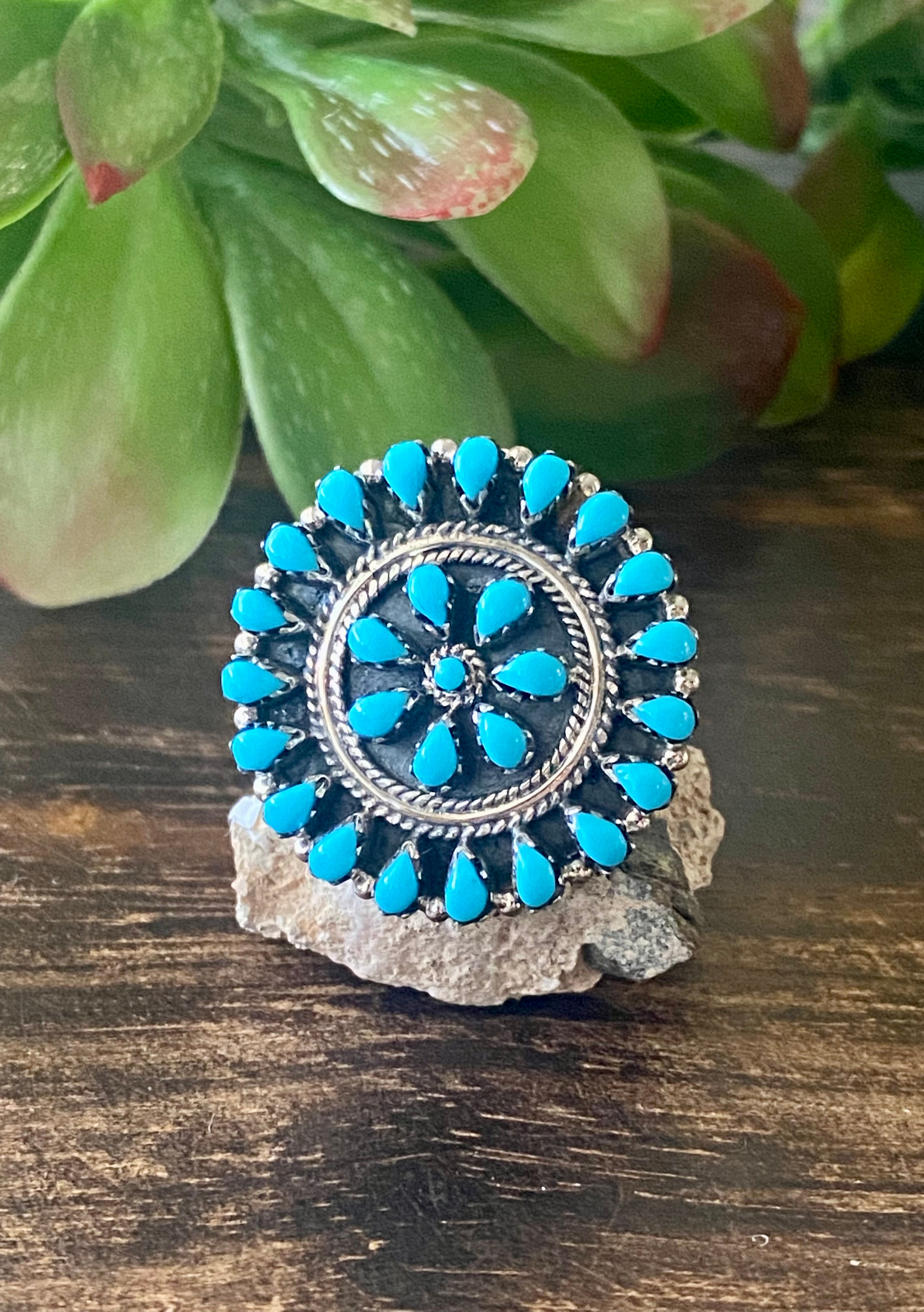 Southwest Handmade Sleeping Beauty Turquoise & Sterling Silver Cluster Ring Size 8.75