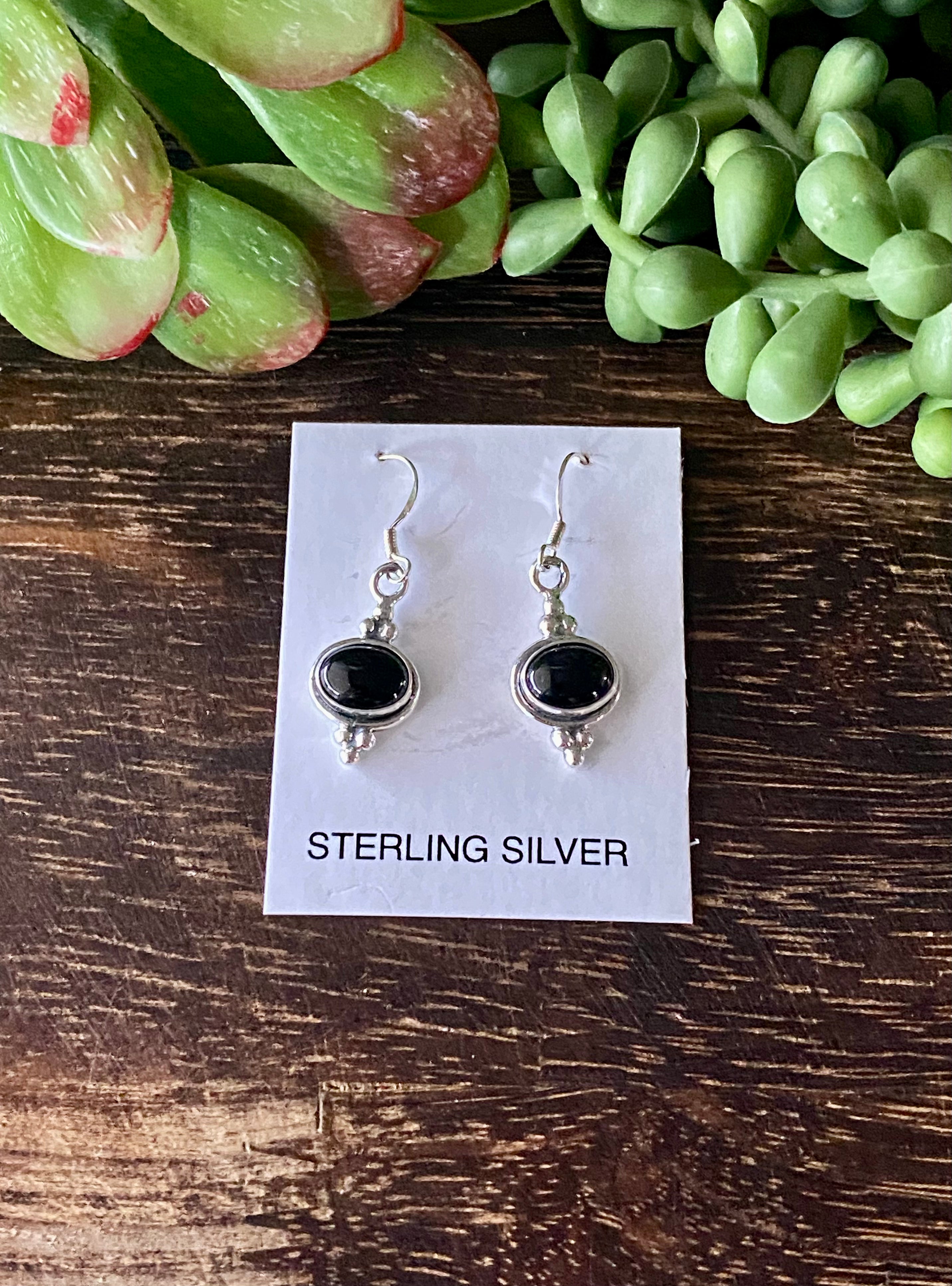 Navajo Made Onyx & Sterling Silver Dangle Earrings