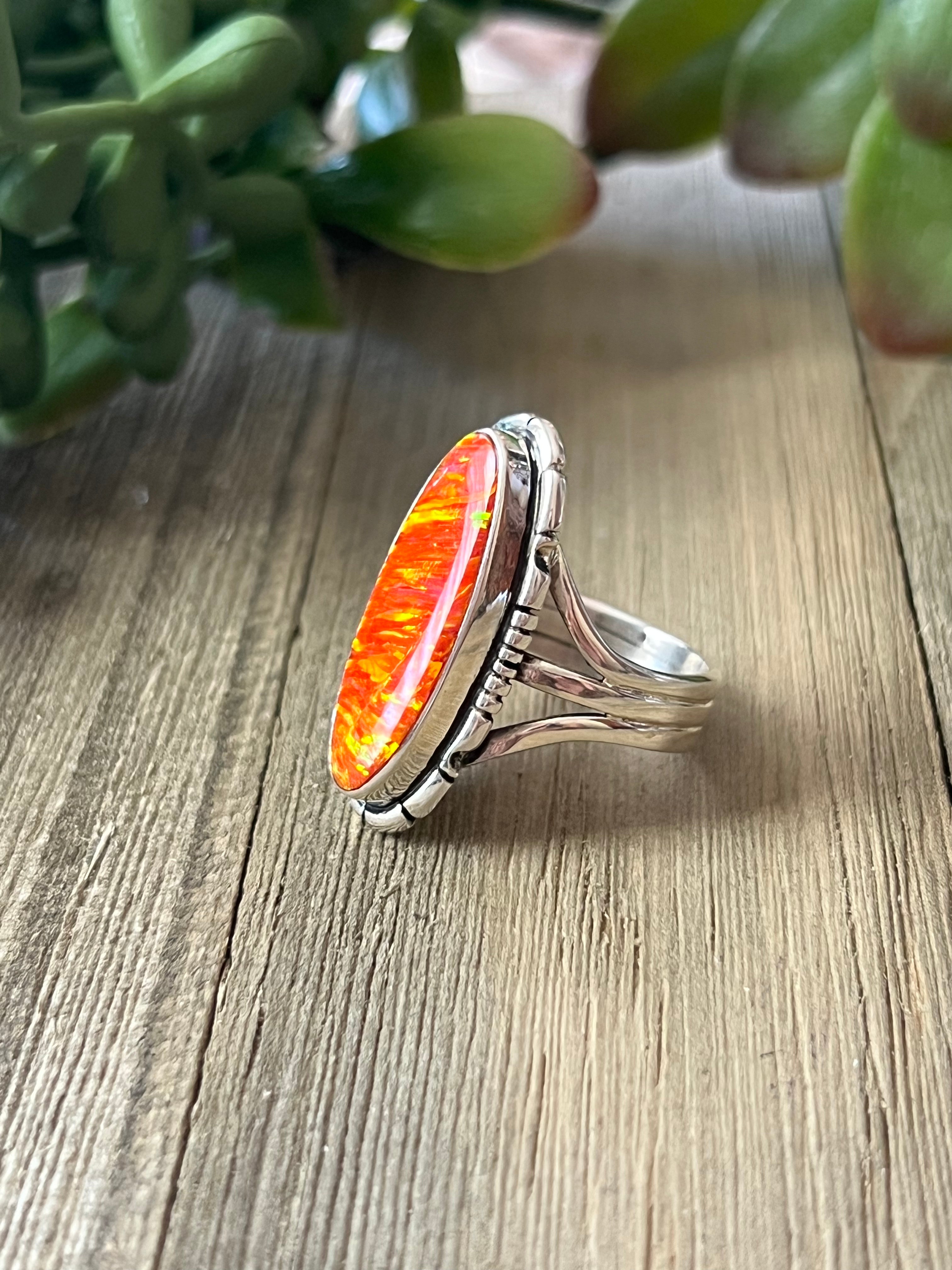 Navajo Made Orange Opal (Man Made) & Sterling Silver Ring Size 9