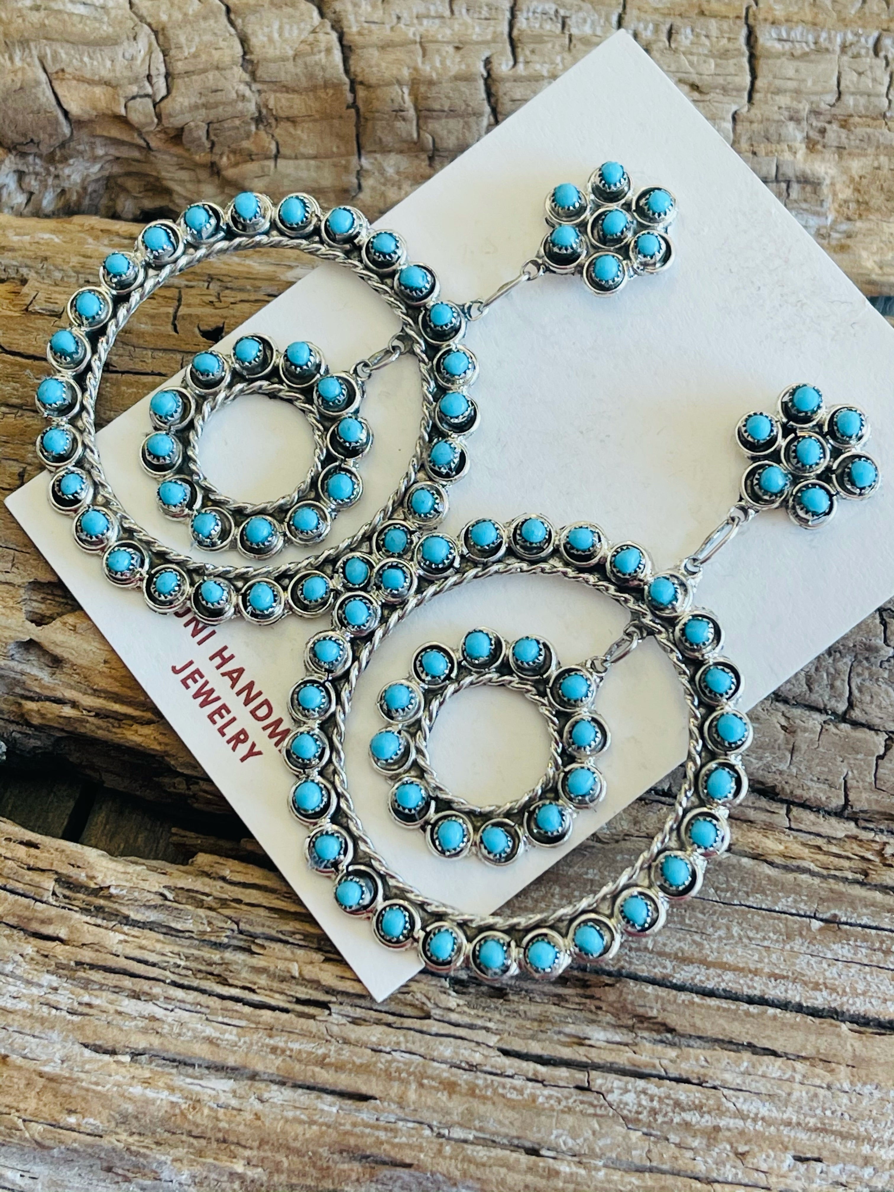 Zuni Turquoise & Sterling Silver Petit Point Dangle Earrings