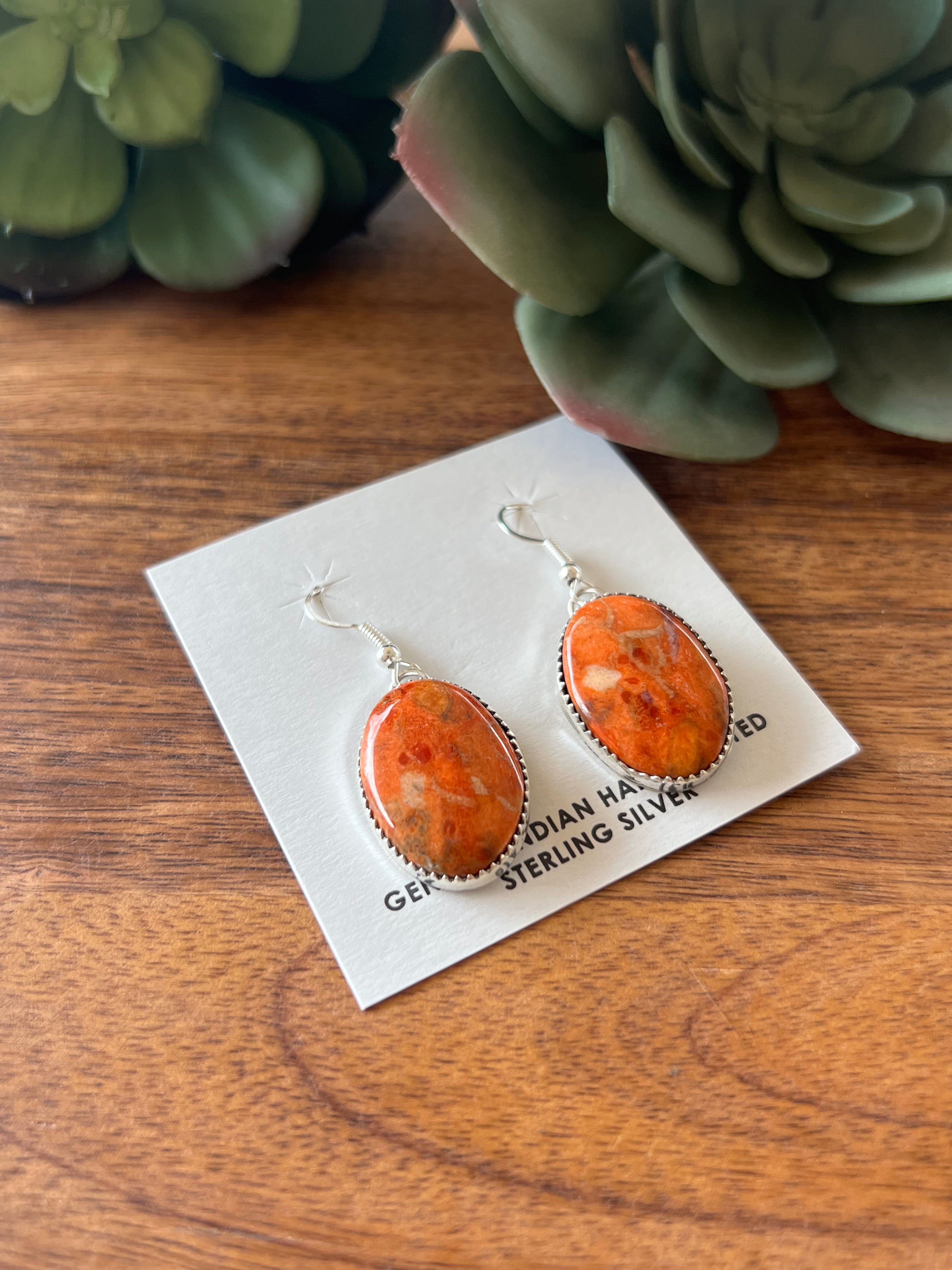 Navajo Made Apple Coral & Sterling Silver Dangle Earrings