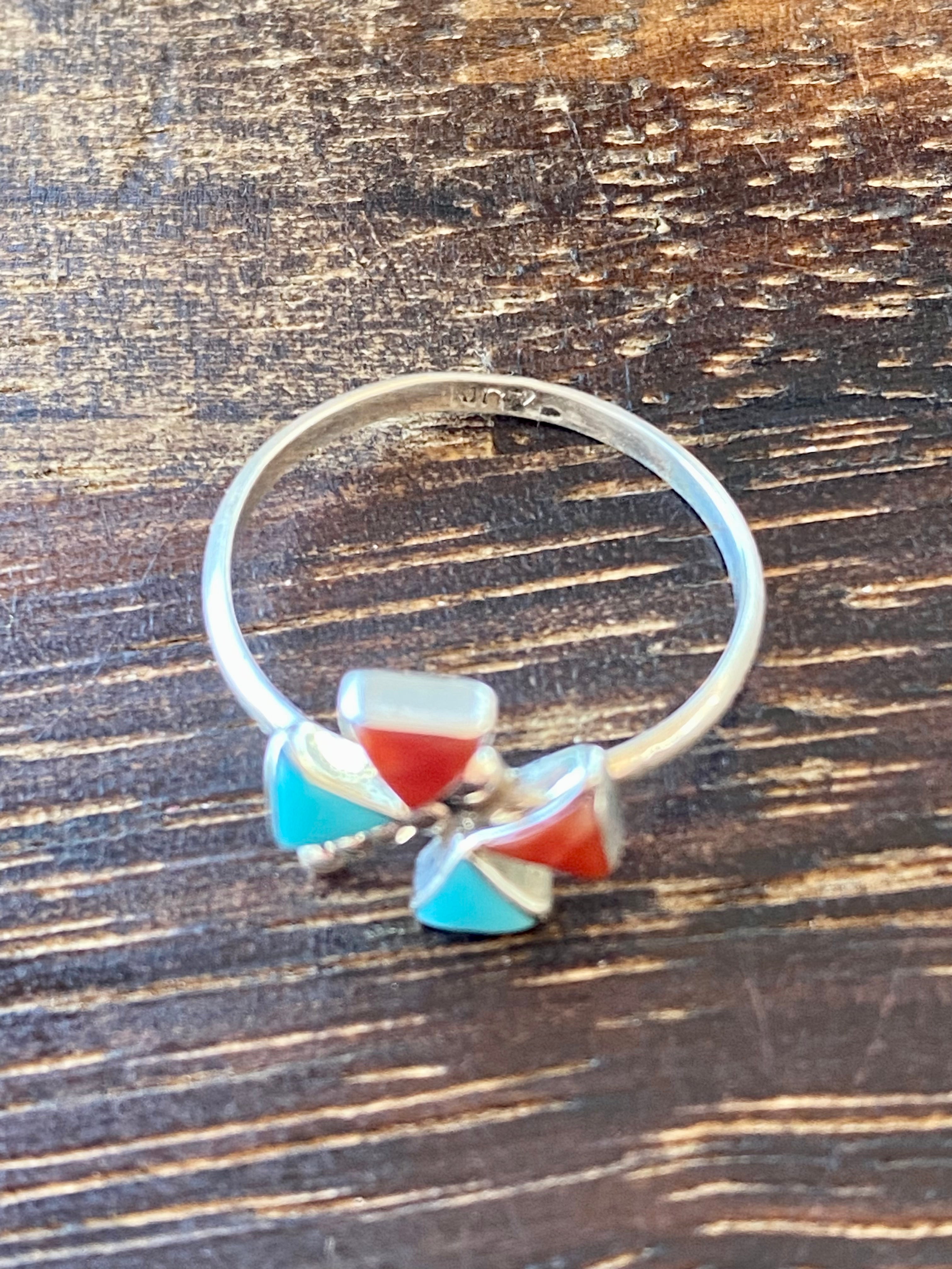 Zuni Made Turquoise & Coral Sterling Silver Dragonfly Ring Size 5.5