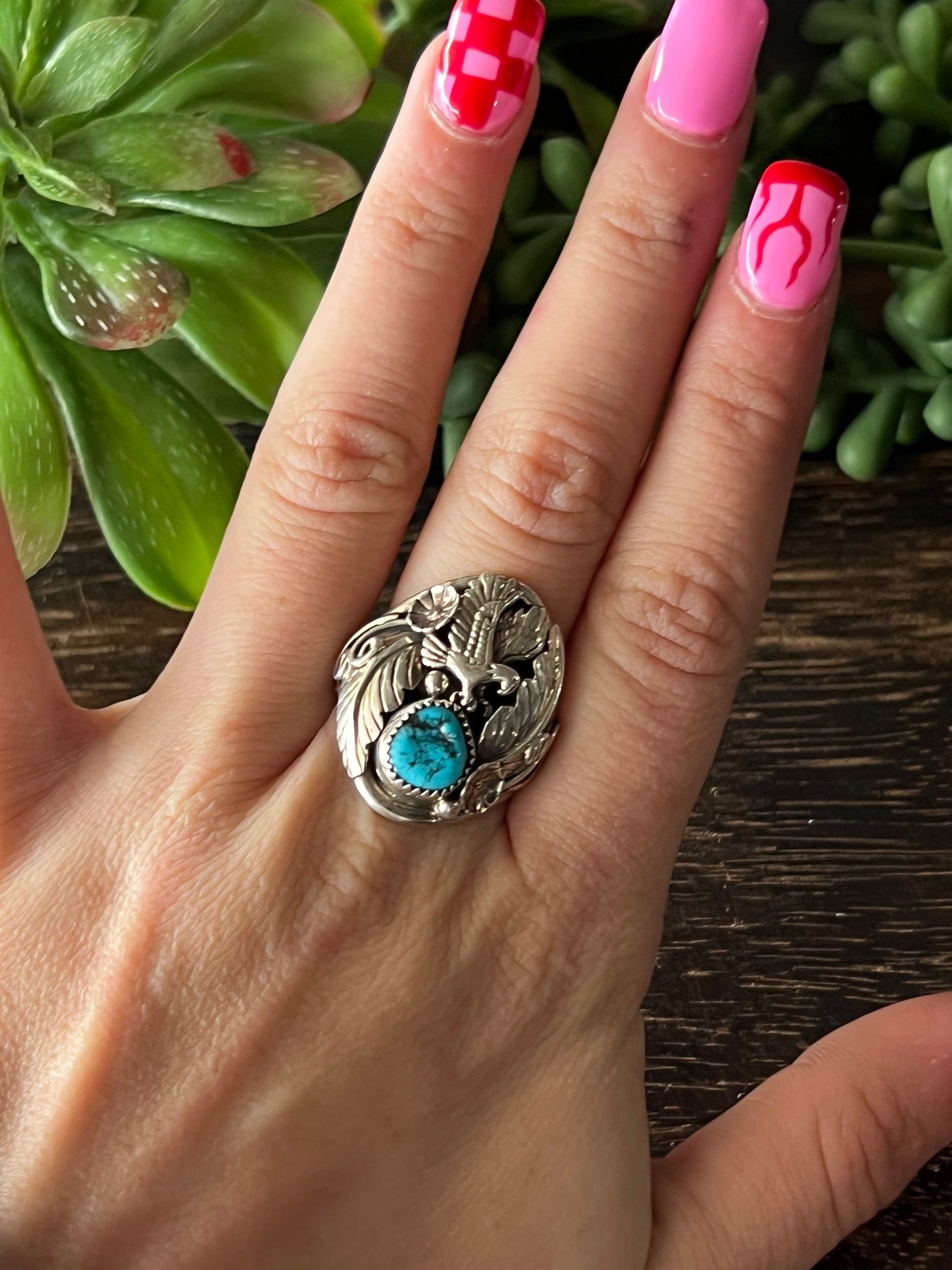 Tricia Leekety Kingman Turquoise & Sterling Silver Ring Size 10.75