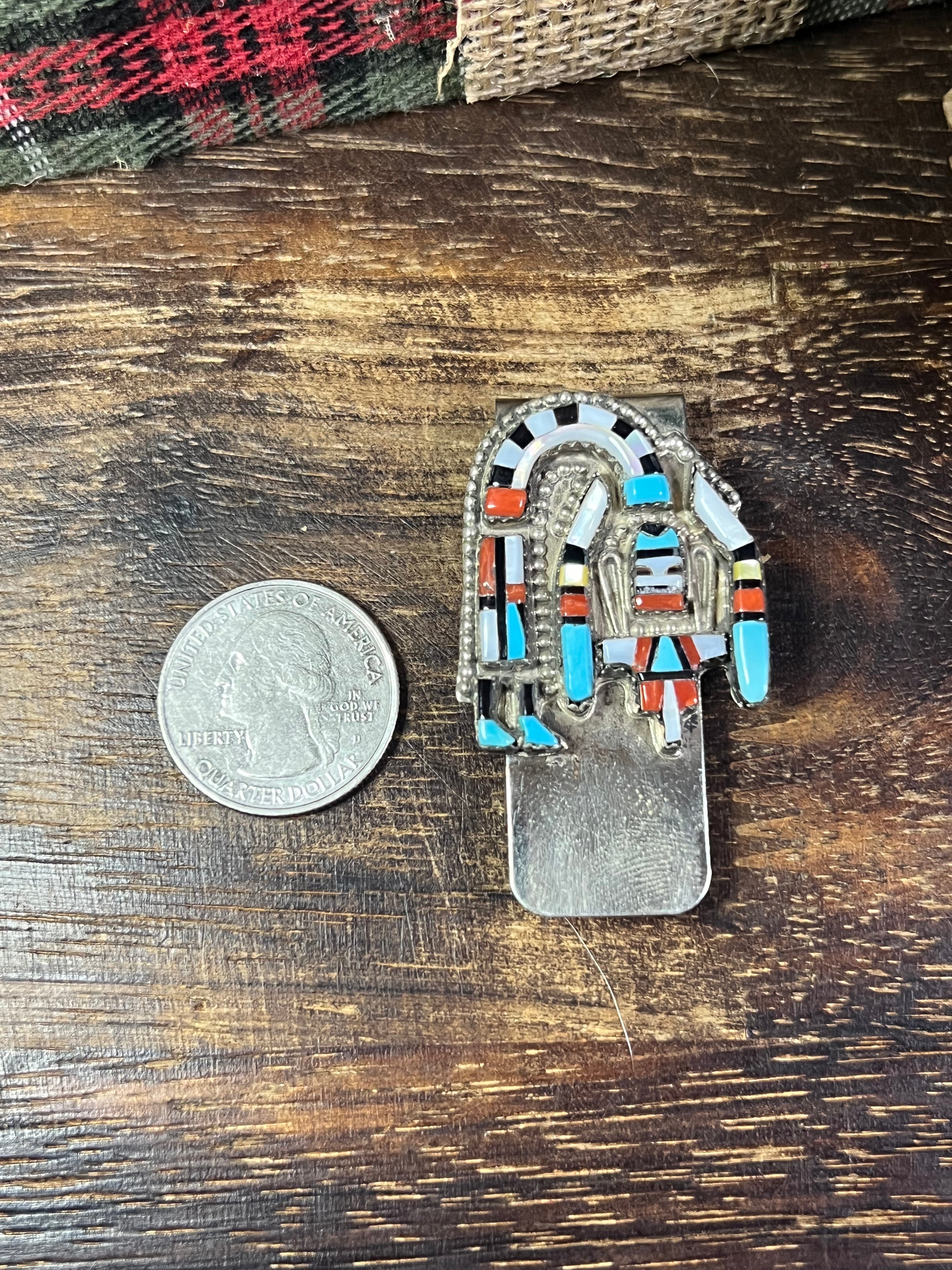 Navajo Made Multi Stone & Sterling Silver Inlay Money Clip