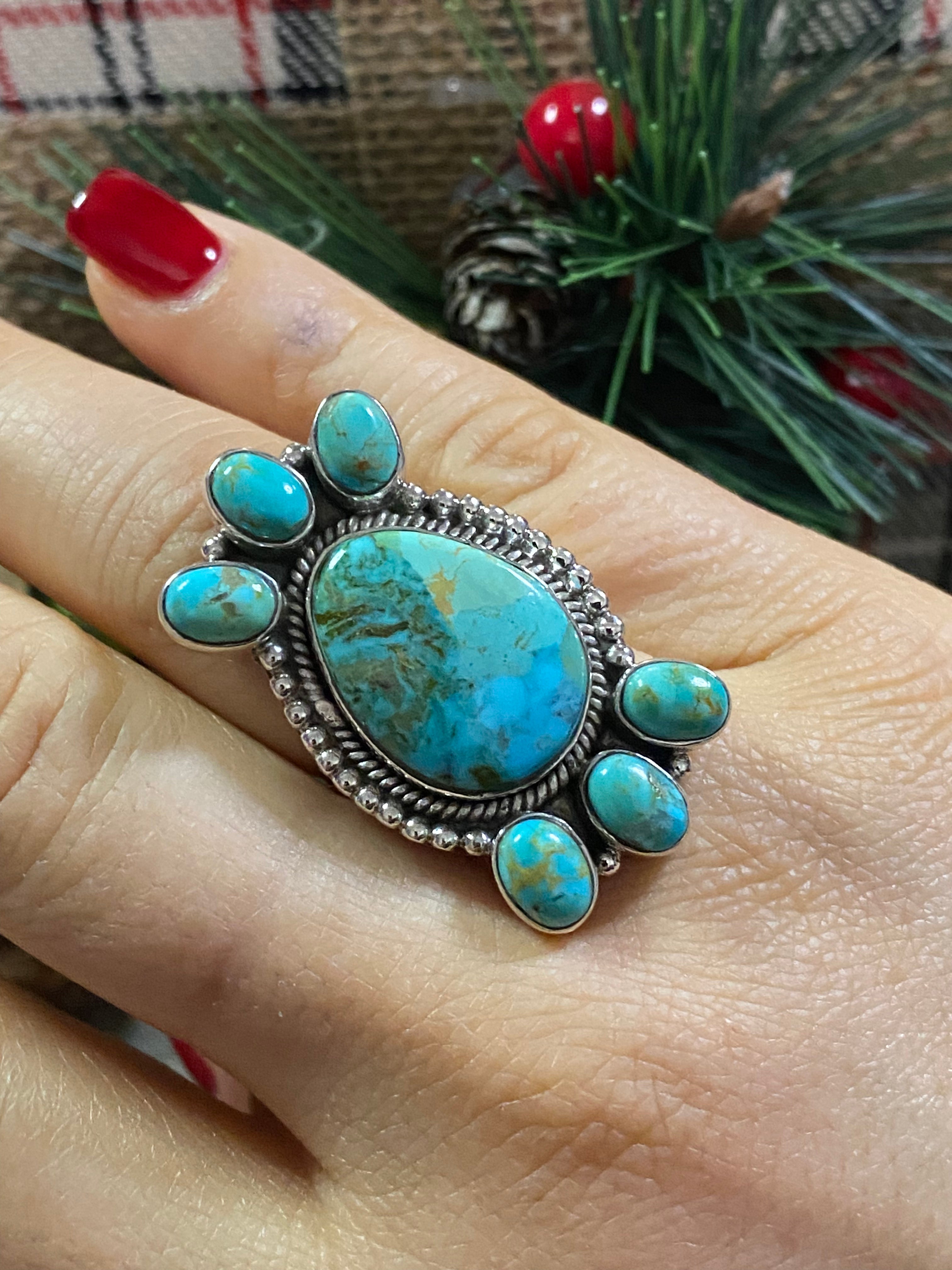 Southwest Handmade Kingman Turquoise & Sterling Silver Adjustable Ring Size 6.5