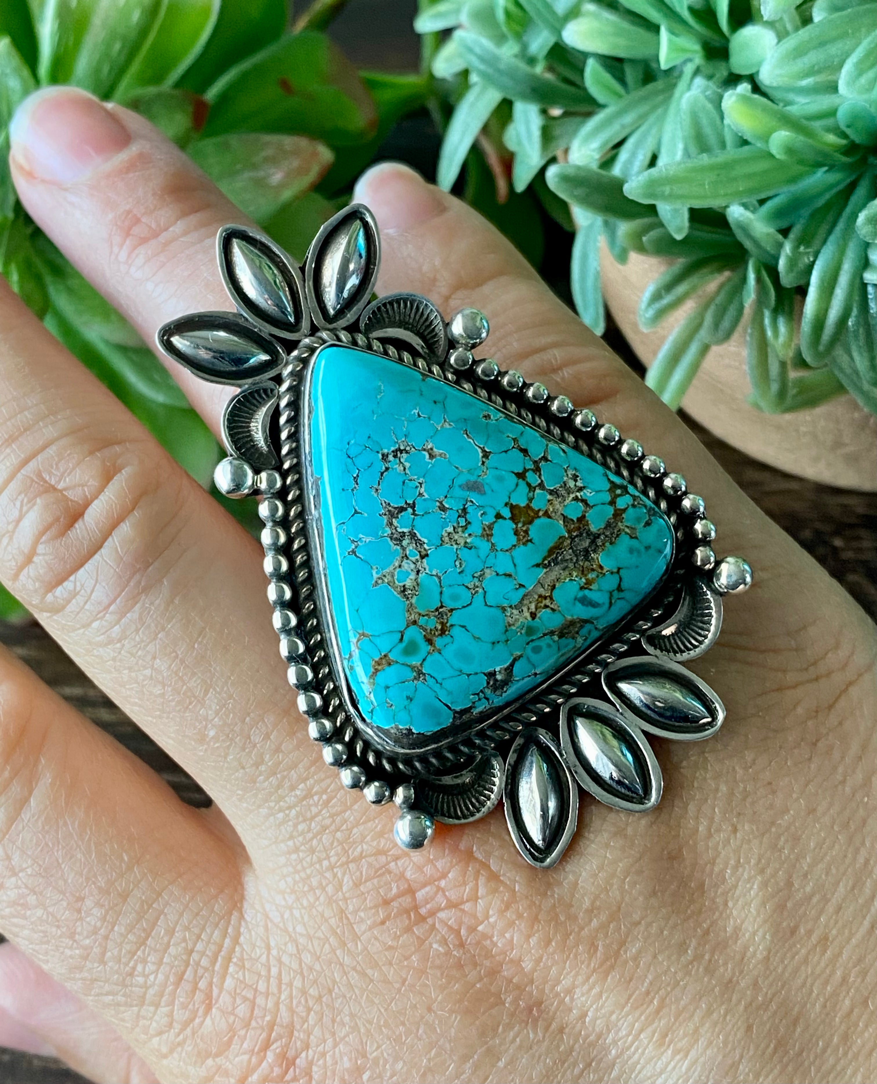 Alex Sanchez Turquoise Mountain & Sterling Silver Adjustable Ring Size 8