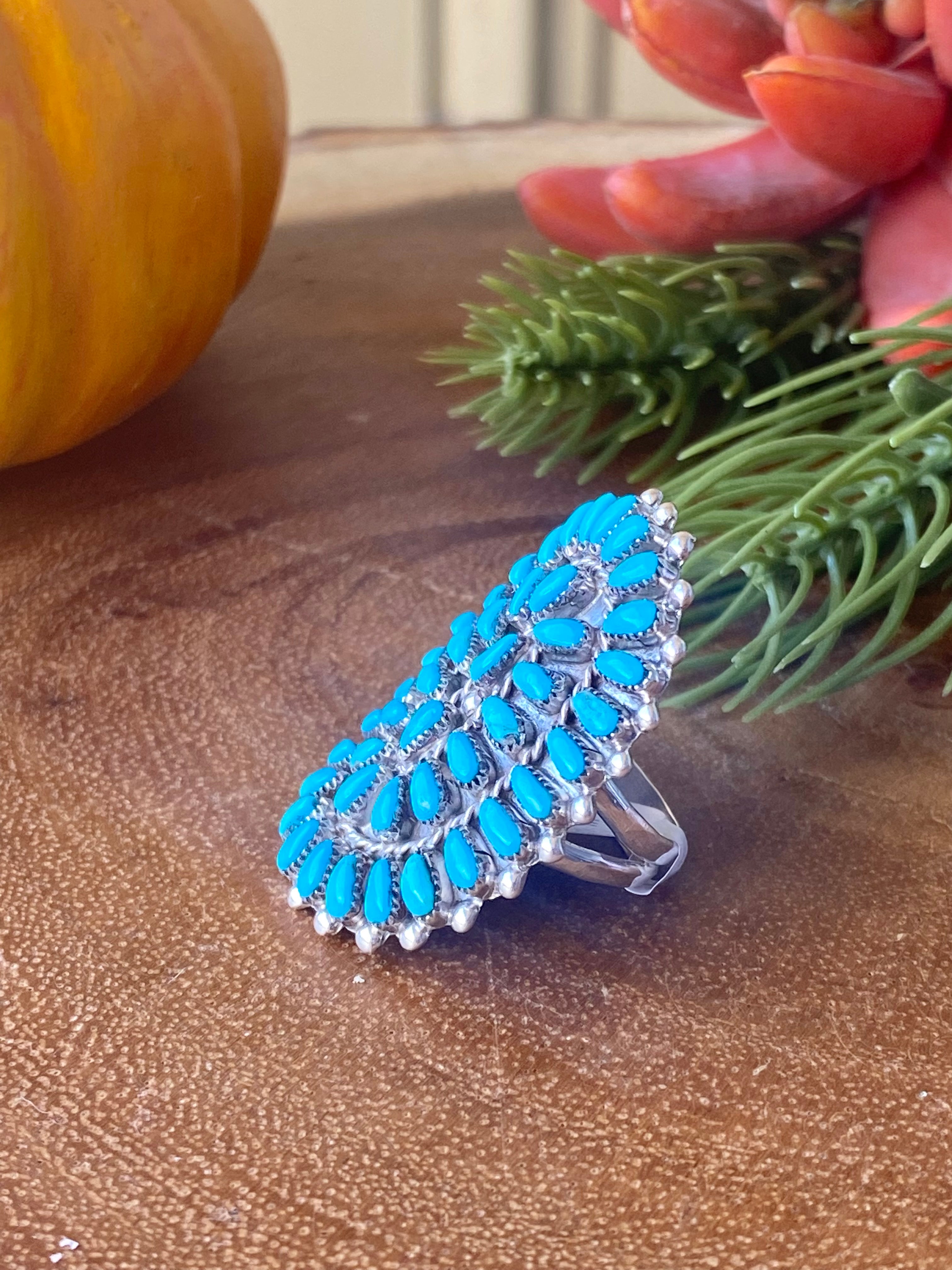 Mike Dishta Zuni Turquoise & Sterling Silver Cluster Ring Size 5.5