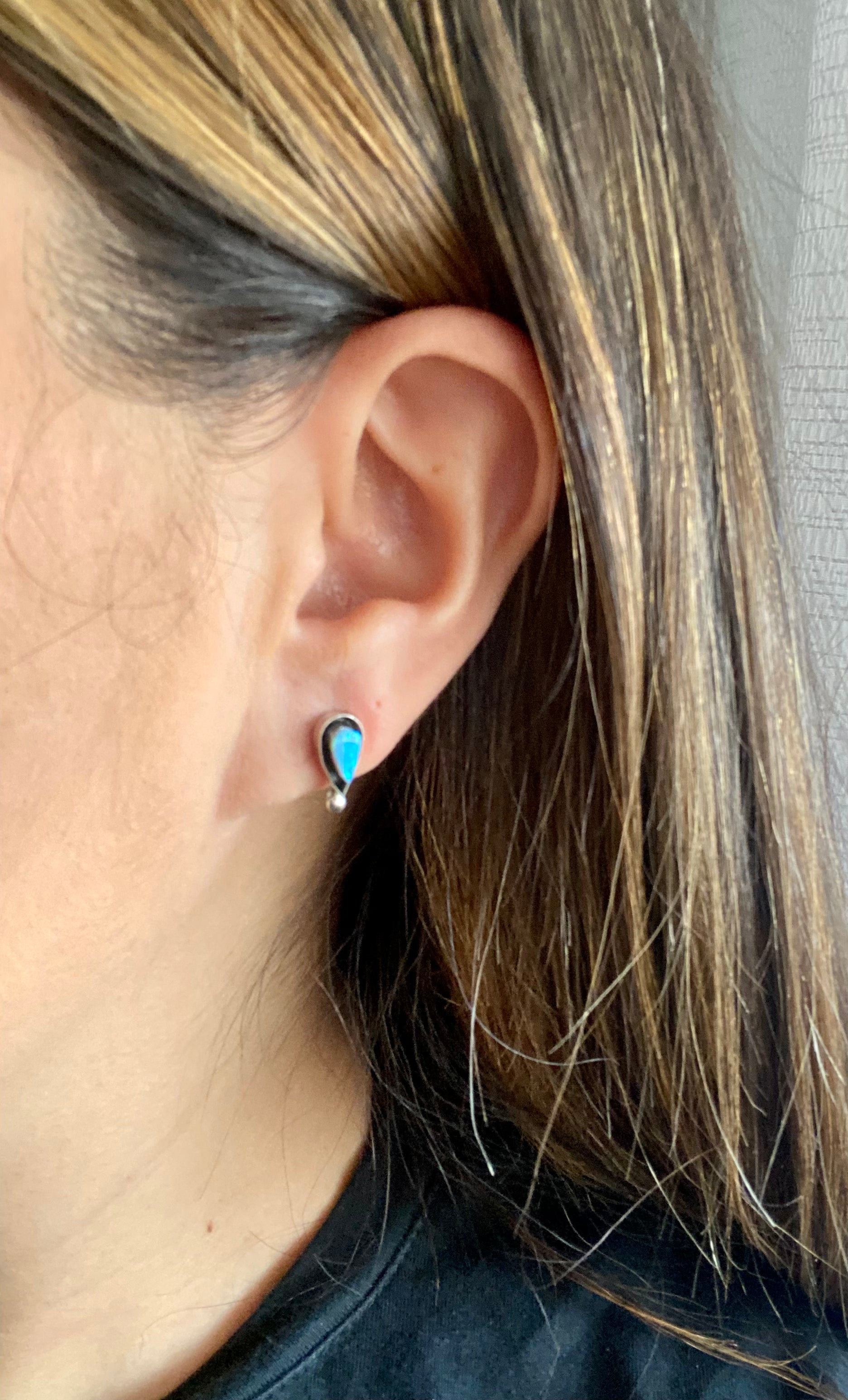 Navajo Made Blue Opal & Sterling Silver Post Studs Earrings