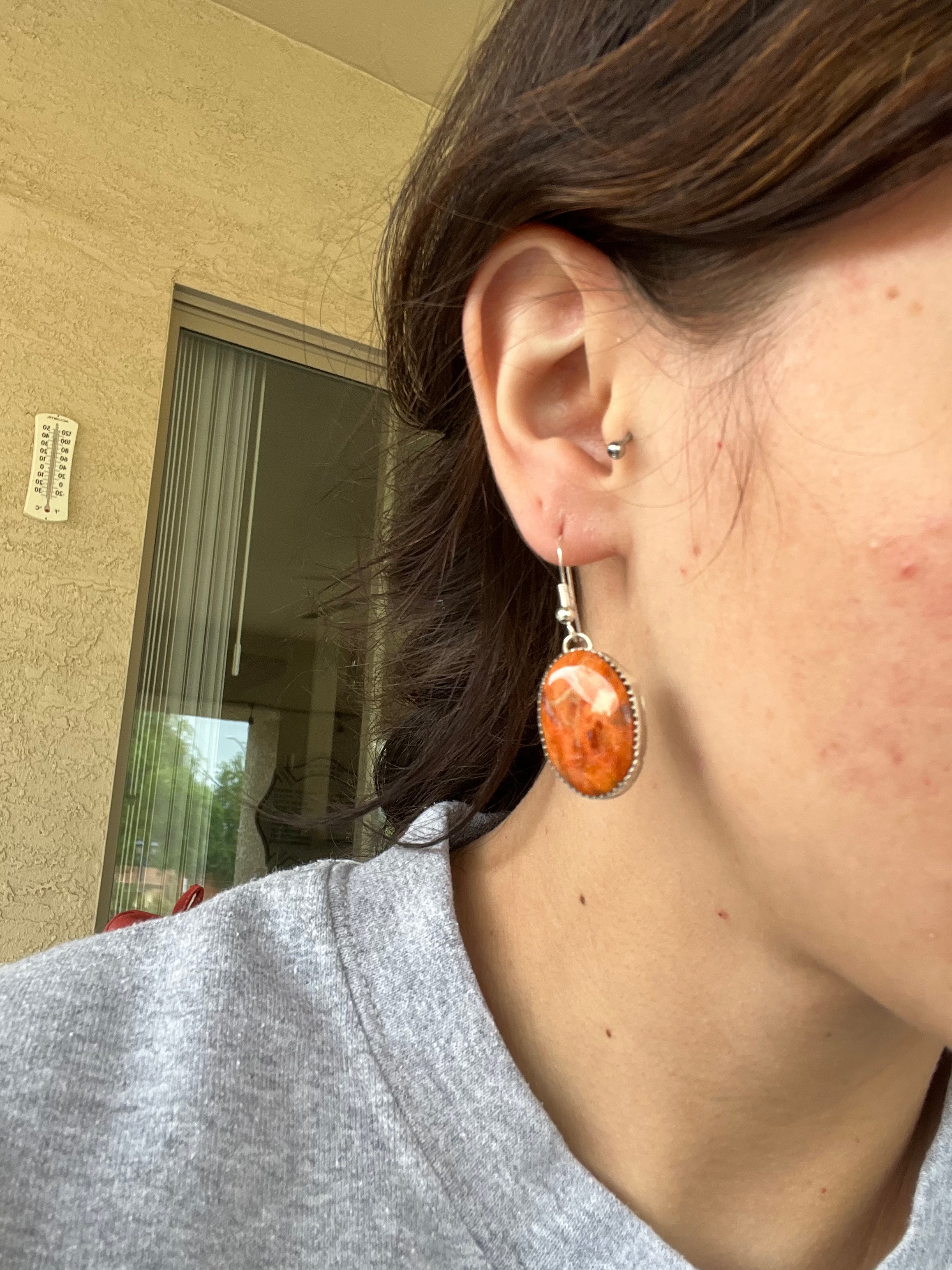 Navajo Made Apple Coral & Sterling Silver Dangle Earrings