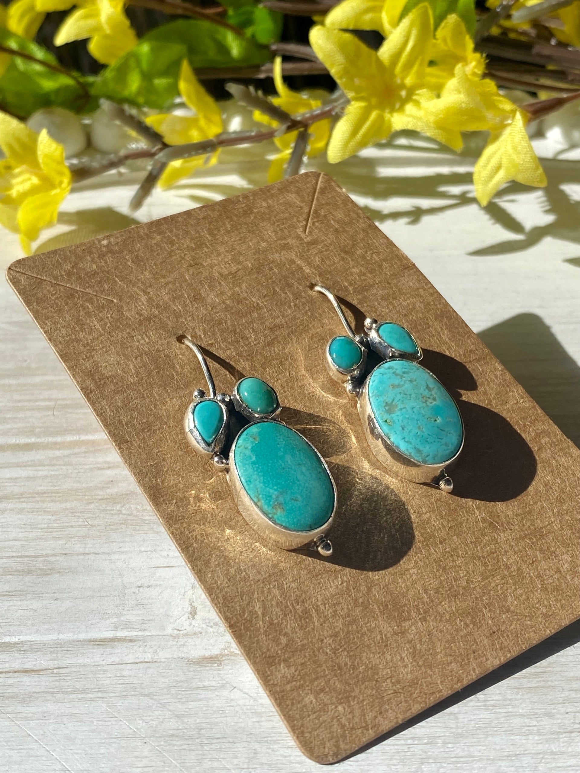 Navajo Made Kingman Turquoise & Sterling Silver Leaf Dangle Earrings