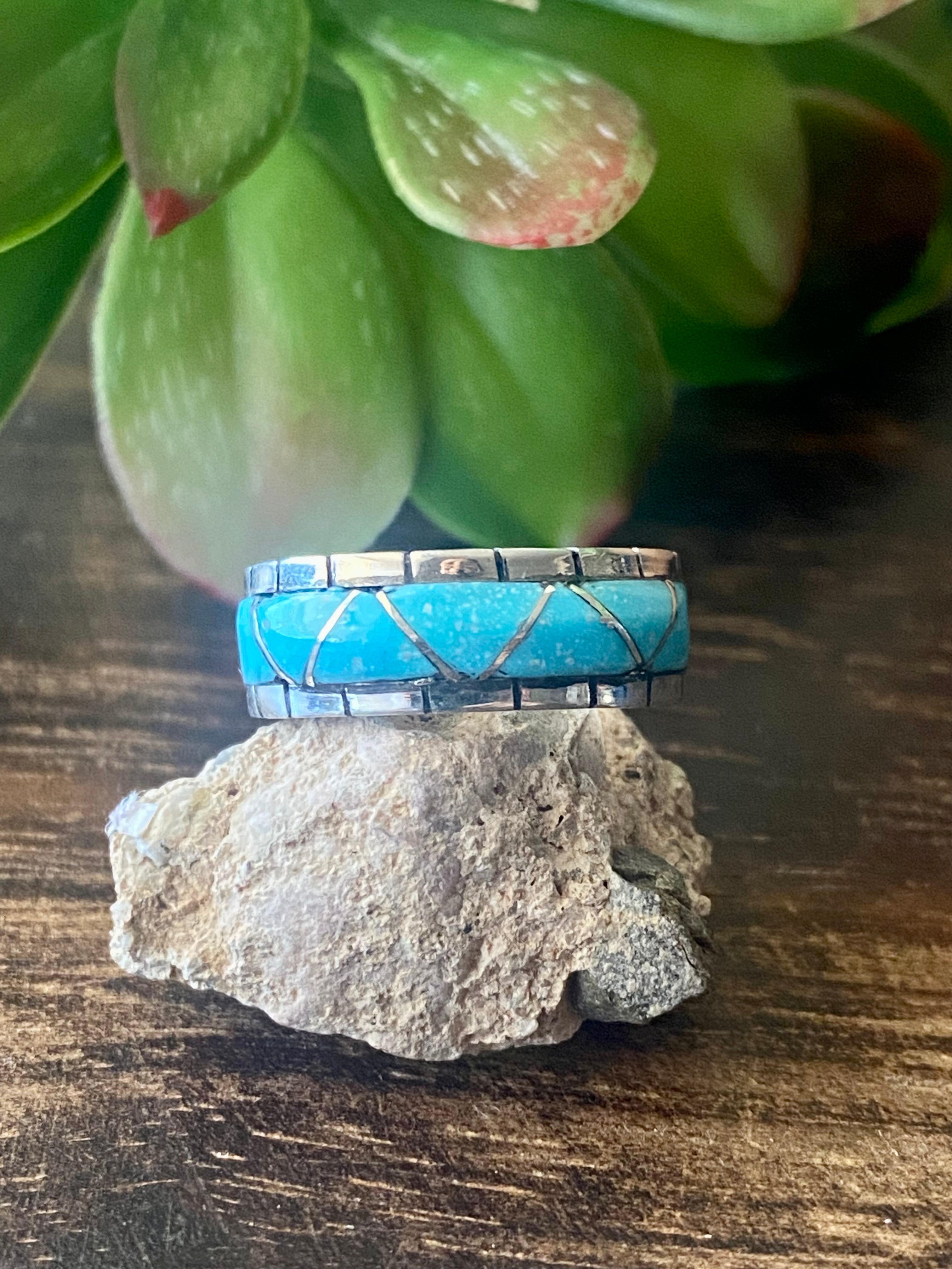 Zuni Made Turquoise & Sterling Silver Inlay Ring Size 6.25