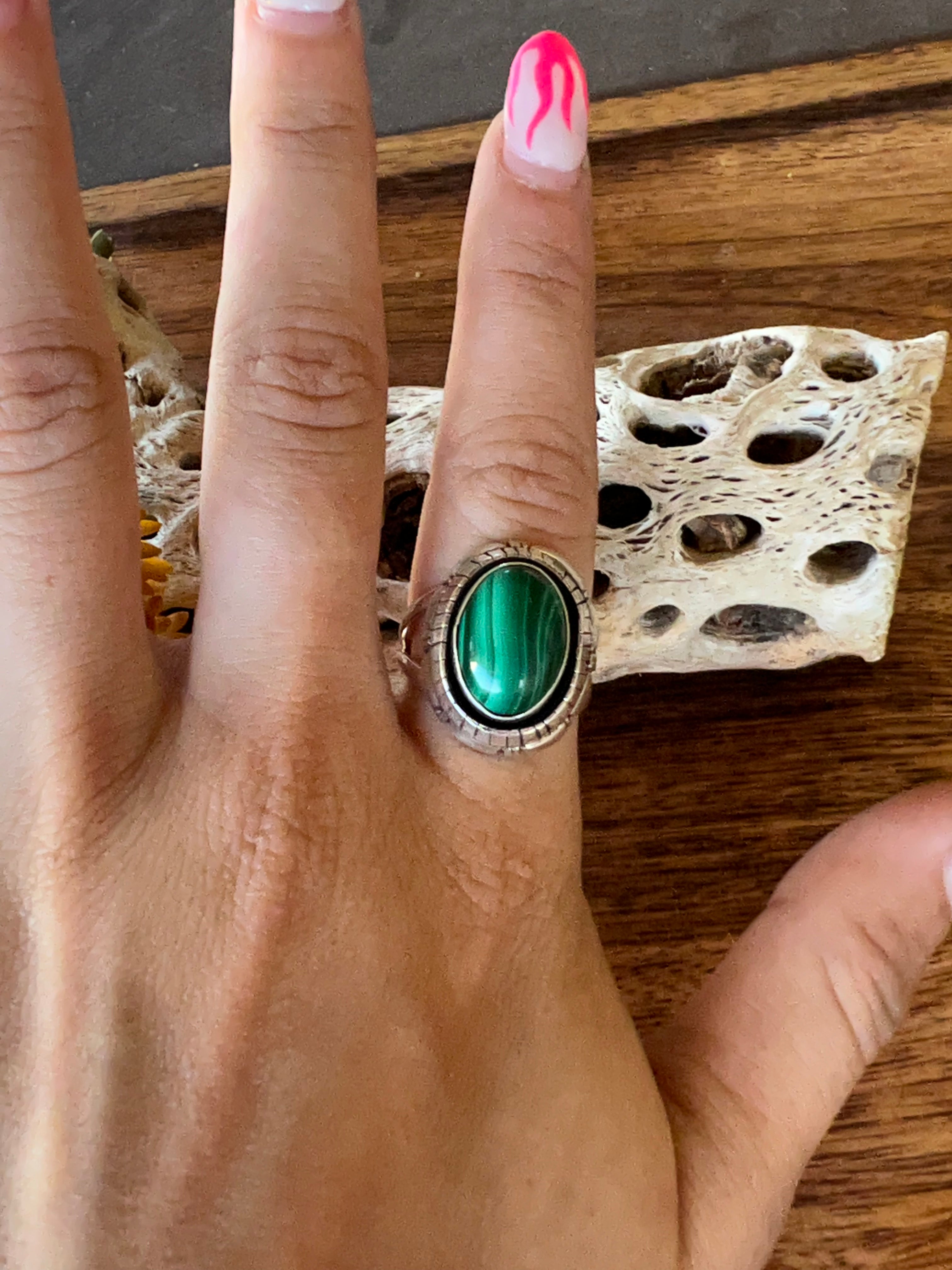 Navajo Made Malachite & Sterling Silver Ring Size 7.5