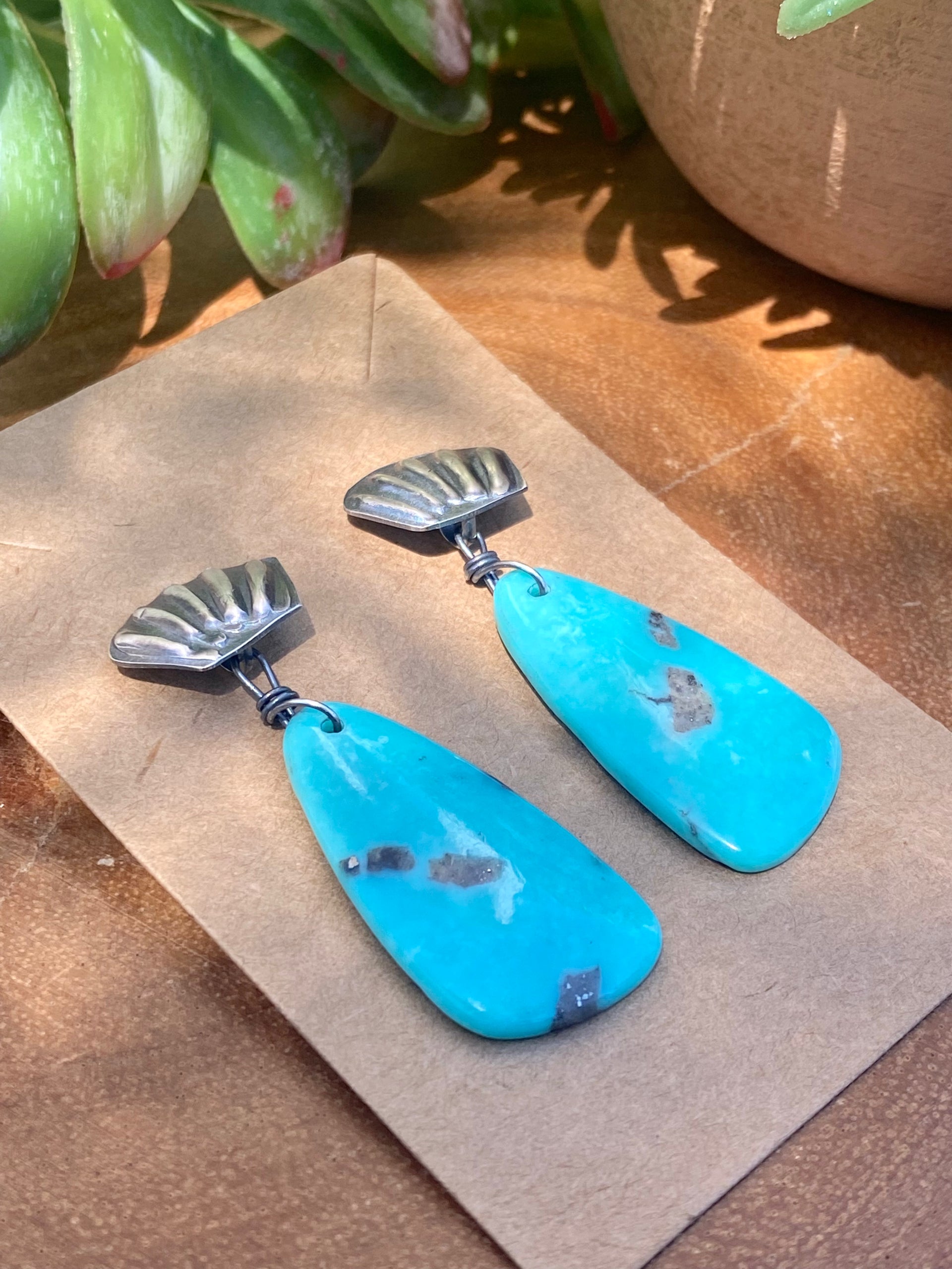 Navajo Made Kingman Turquoise & Sterling Silver Post Dangle Earrings