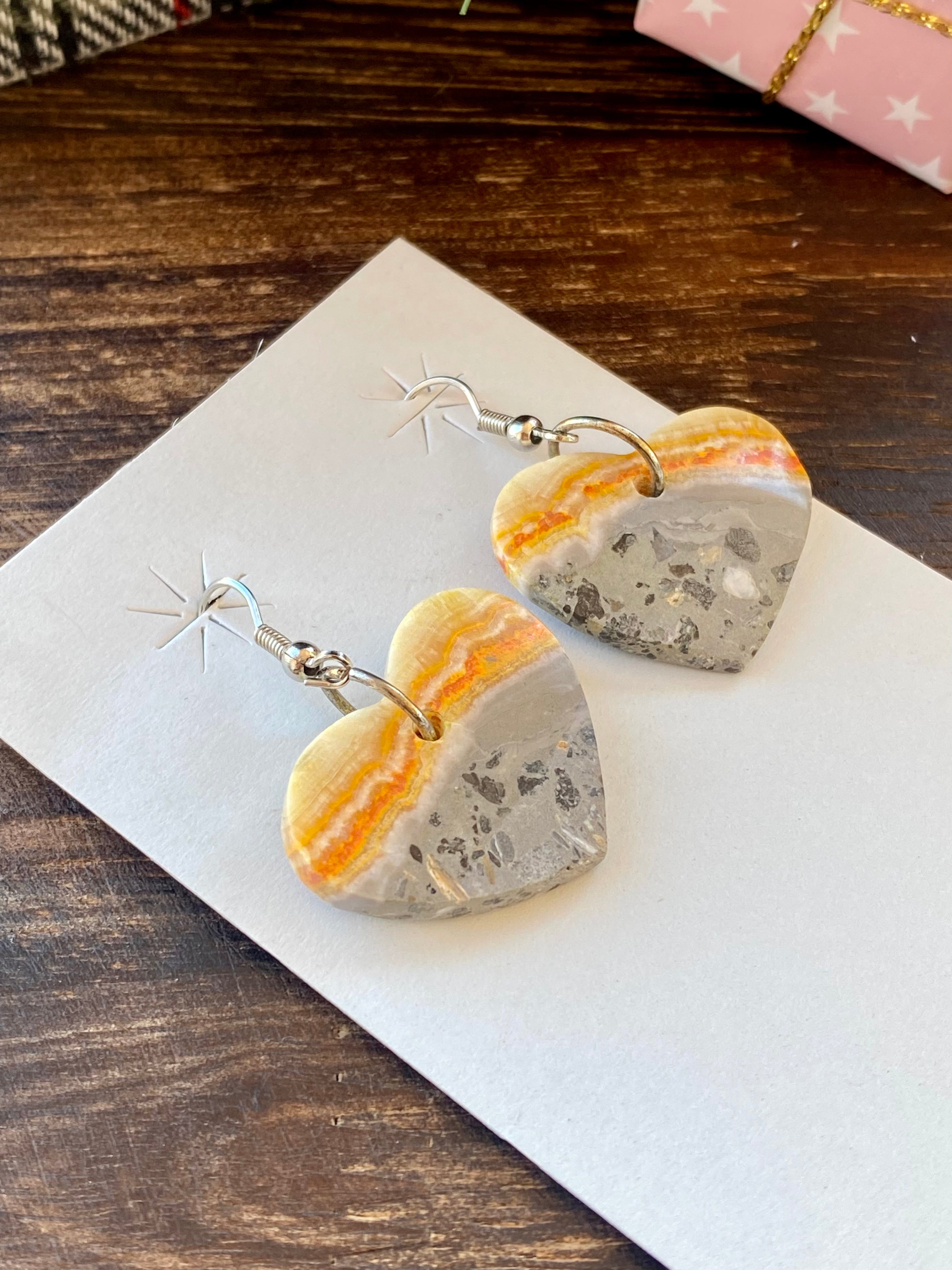 Southwest Handmade Bumblebee Jasper & Sterling Silver Heart Dangle Earrings