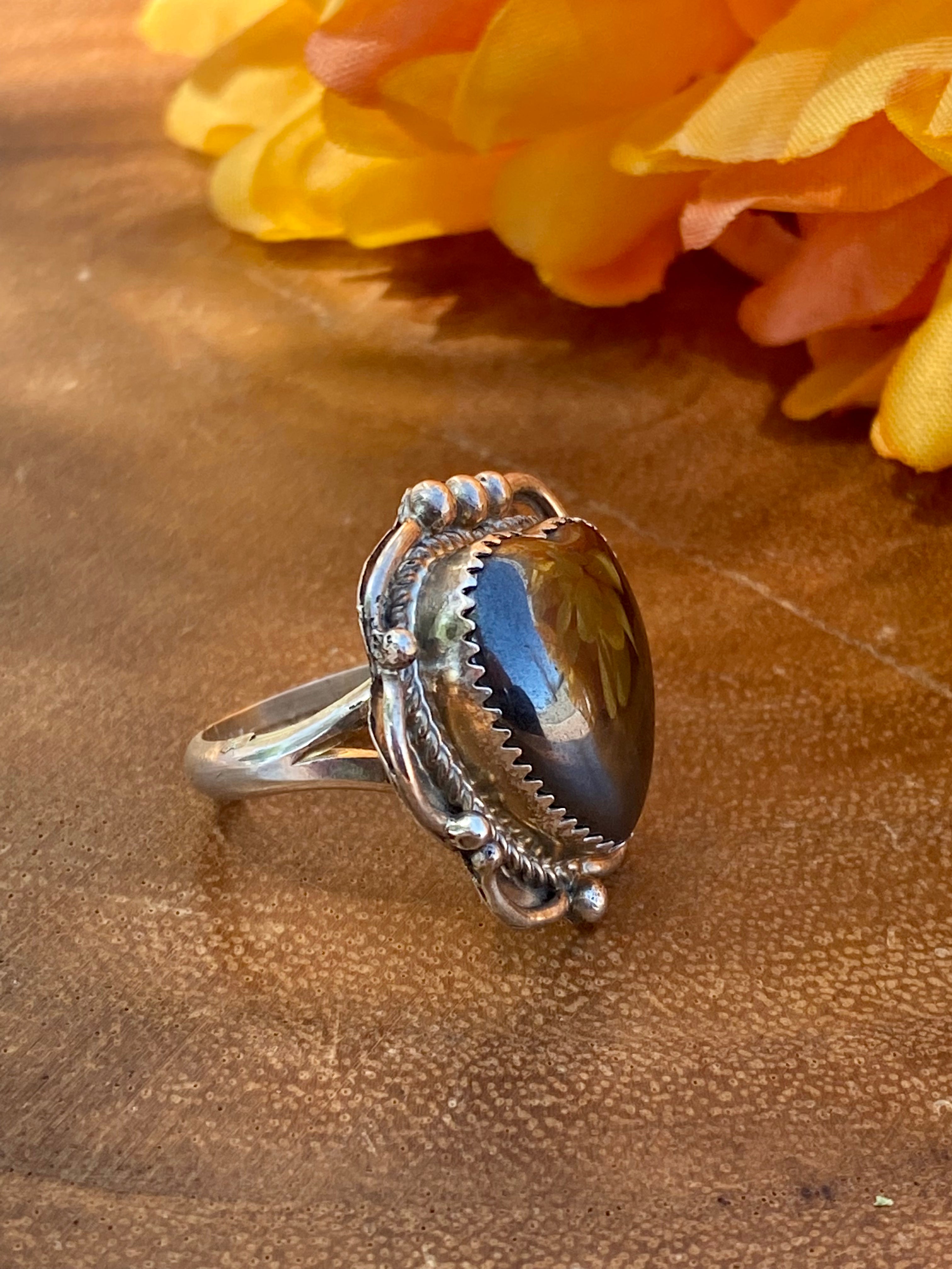 Reda Galvan Black Obsidian & Sterling Silver Heart Ring Size 7.25