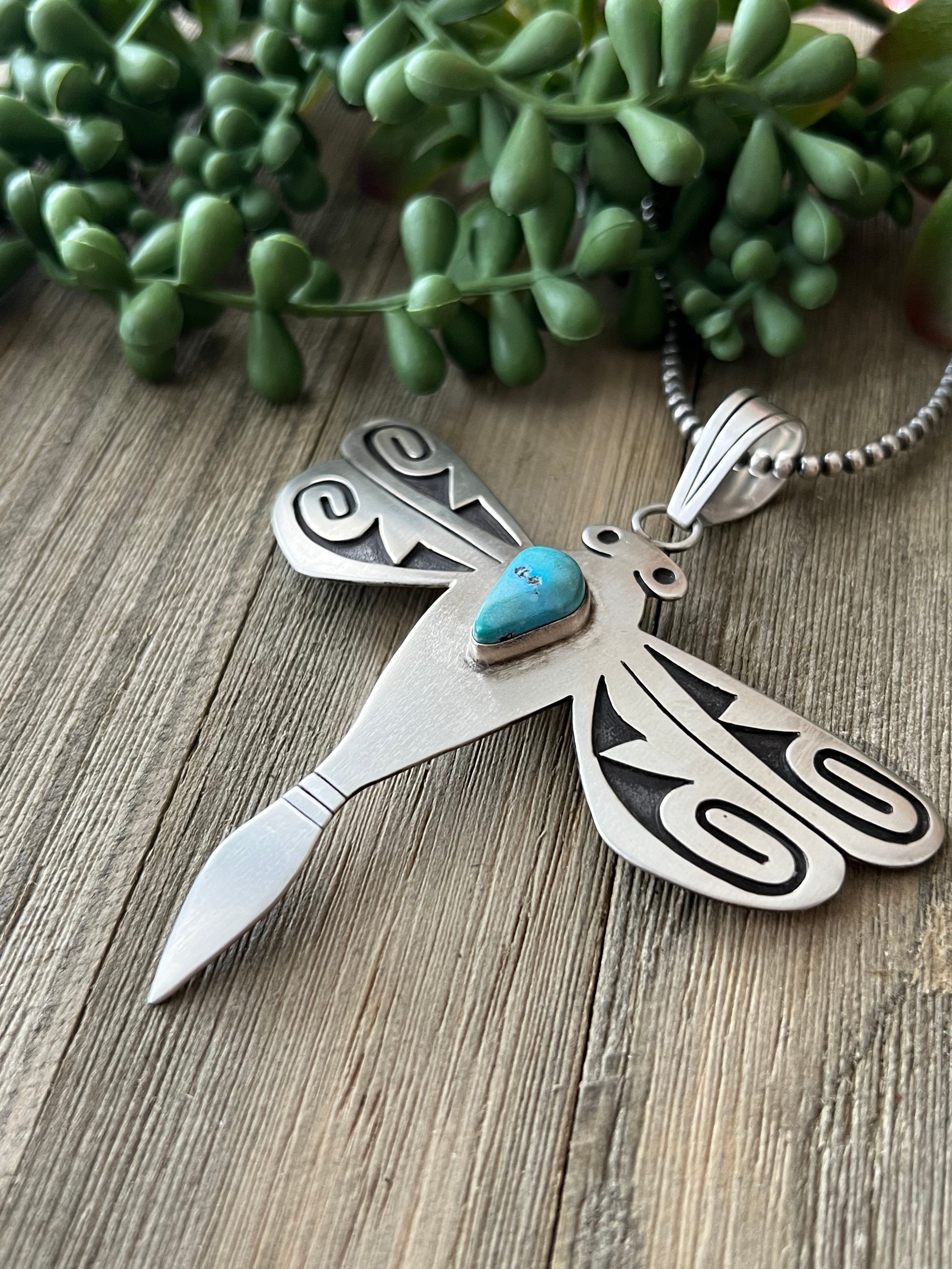 Navajo Made Kingman Turquoise & Sterling Silver Dragonfly Pendant