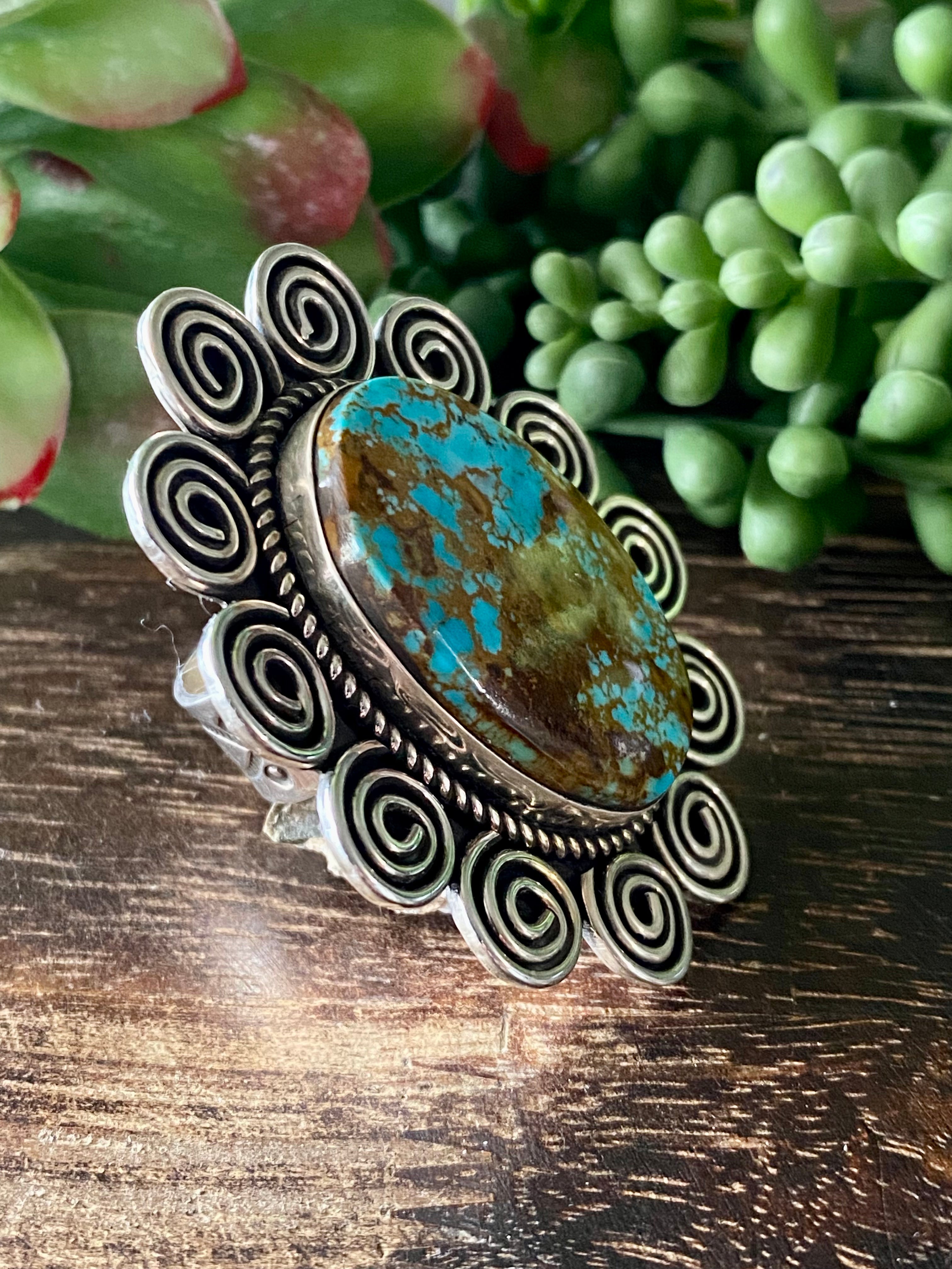 Alex Sanchez Kings Manassa Turquoise & Sterling Silver Adjustable Ring Size 8