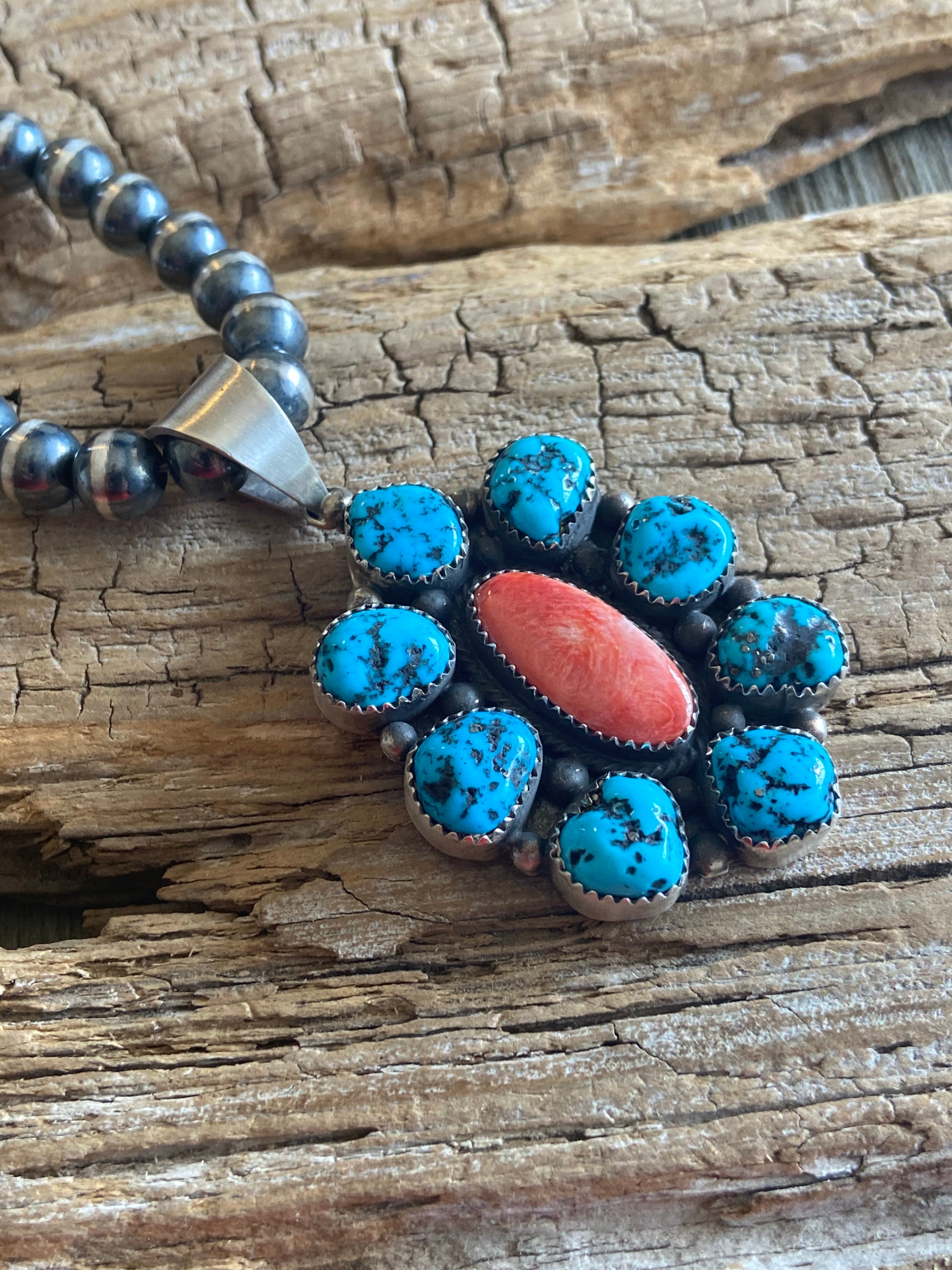 Navajo Made Turquoise & Spiny Oyster Sterling Silver Pendant