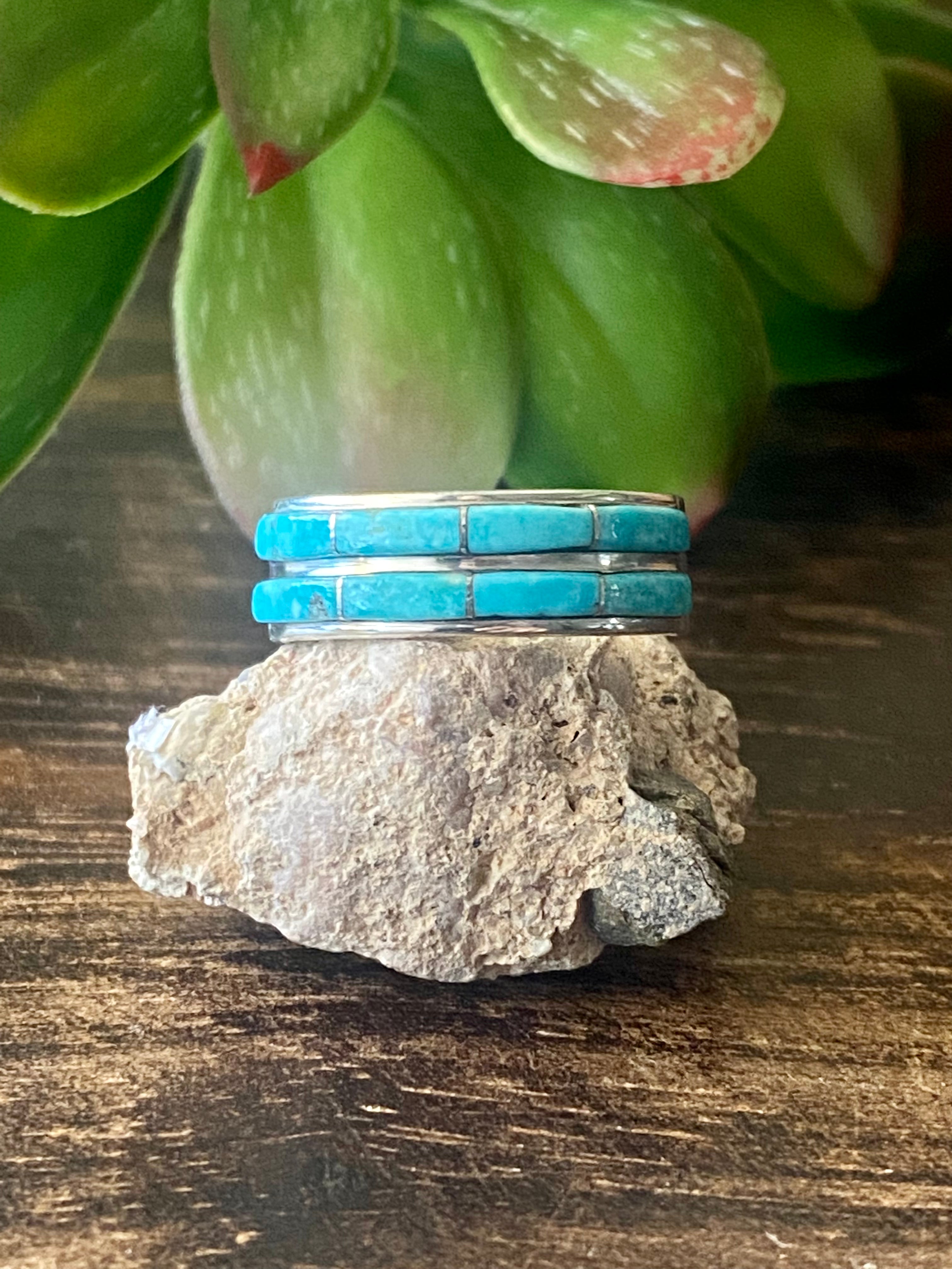 Navajo Made Kingman Turquoise & Sterling Silver Inlay Ring