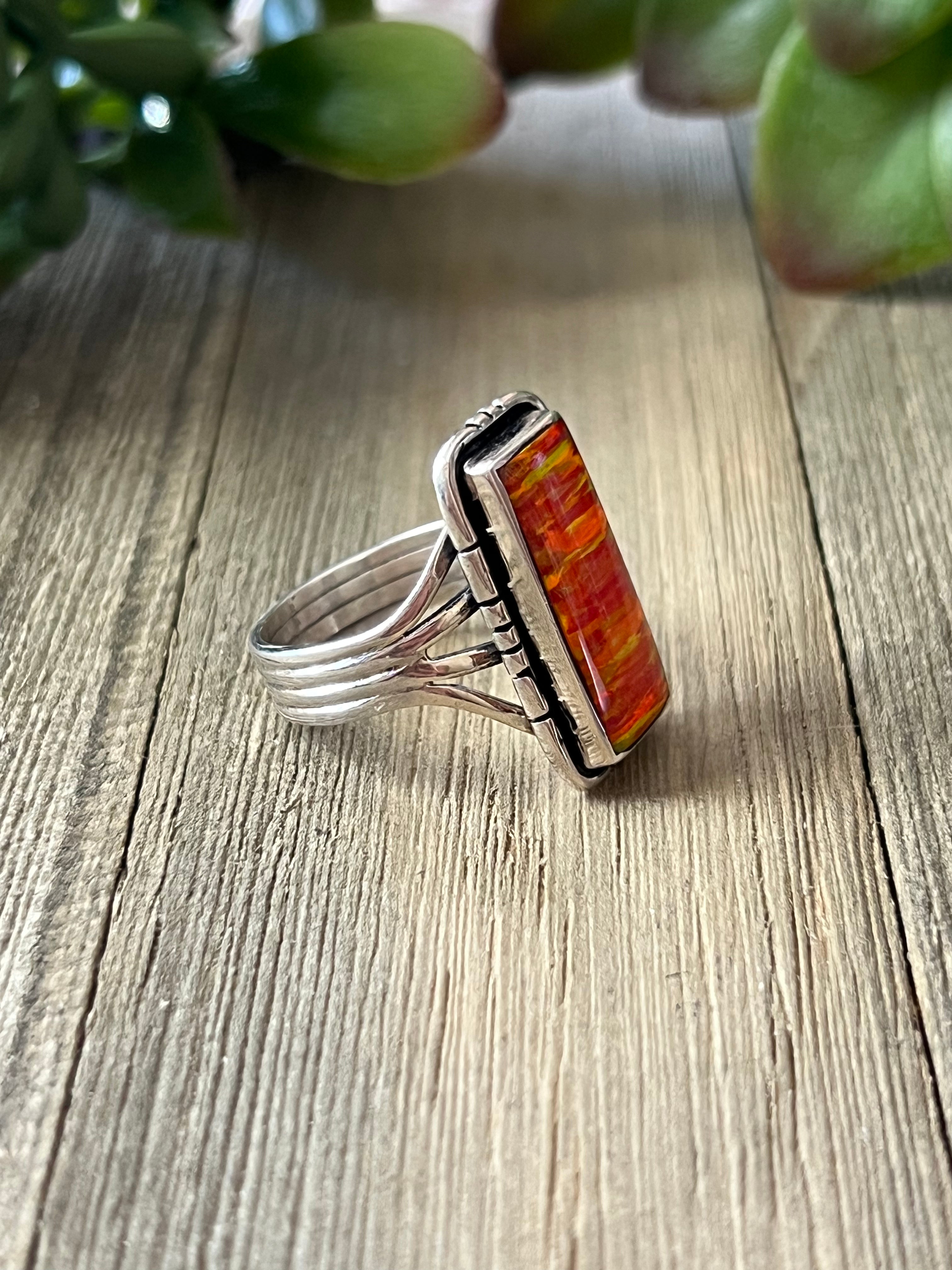 Navajo Made Orange Opal (Man Made) & Sterling Silver Ring