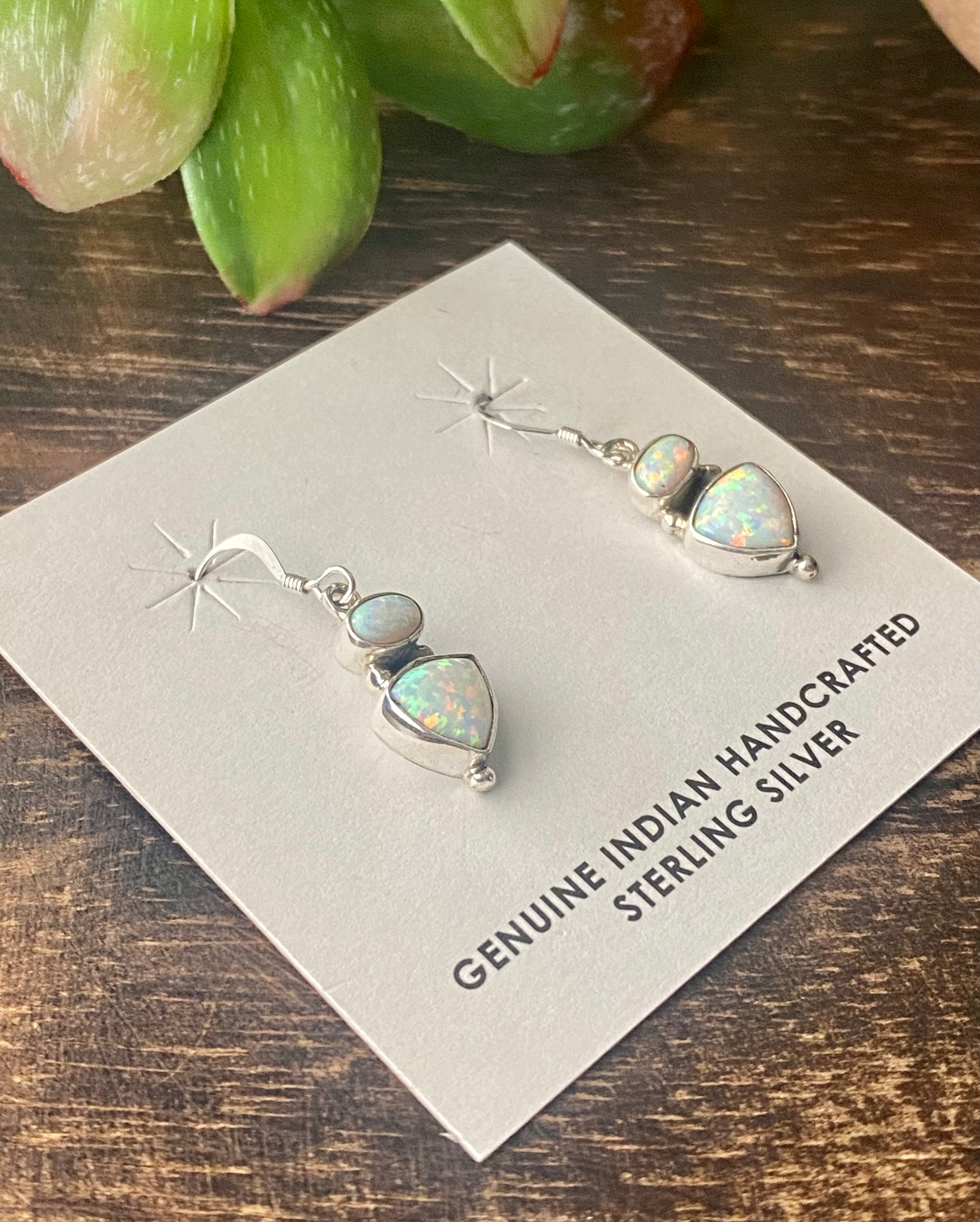 Navajo Made White Opal & Sterling Silver Dangle Earrings