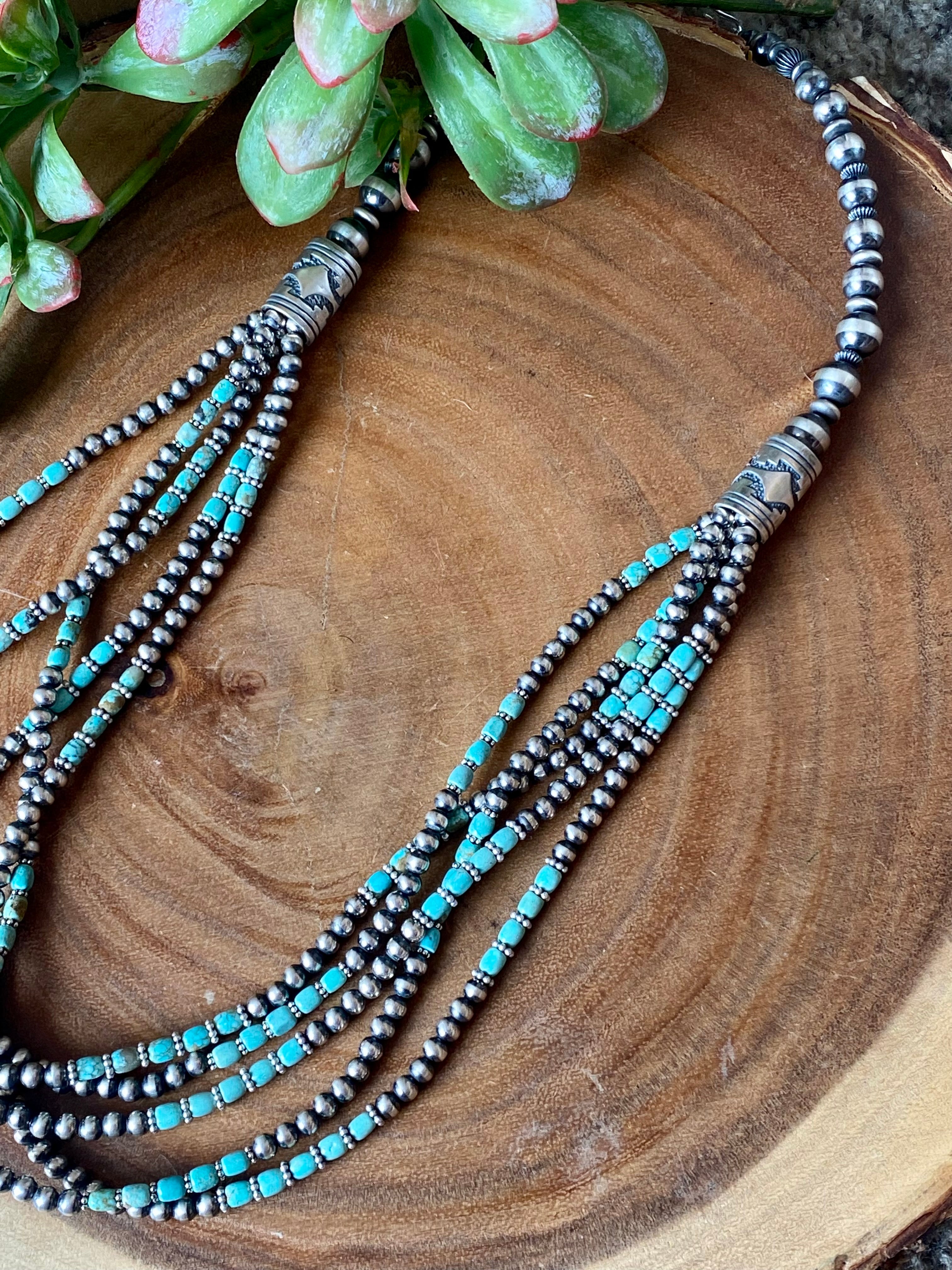 Navajo Made #8 Turquoise & Sterling Silver Multi Strand Pearl Necklace