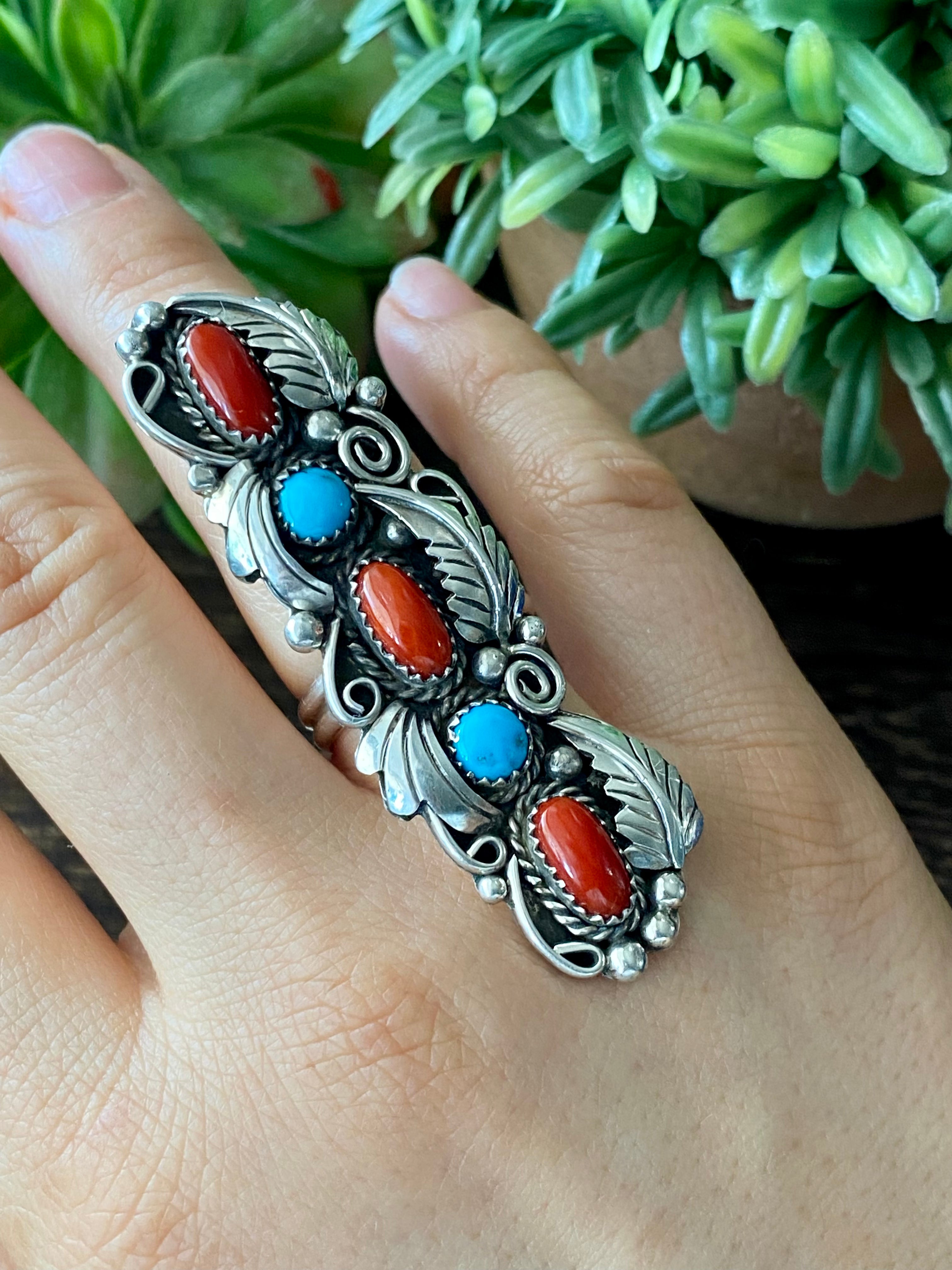 Navajo Made Kingman Turquoise & Coral Sterling Silver Adjustable Ring Size 8.5