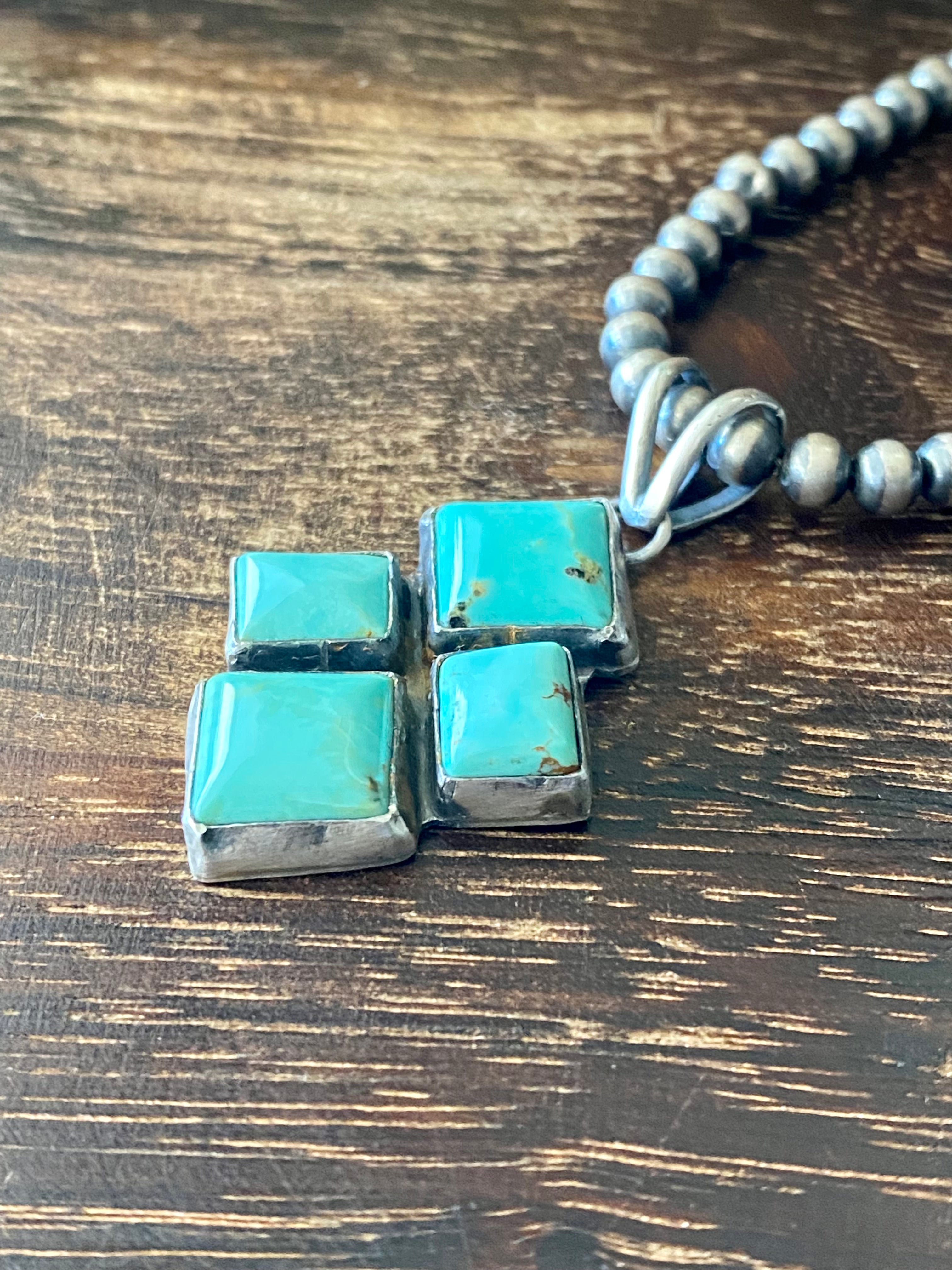 Navajo Made Kingman Turquoise & Sterling Silver Cluster Pendant