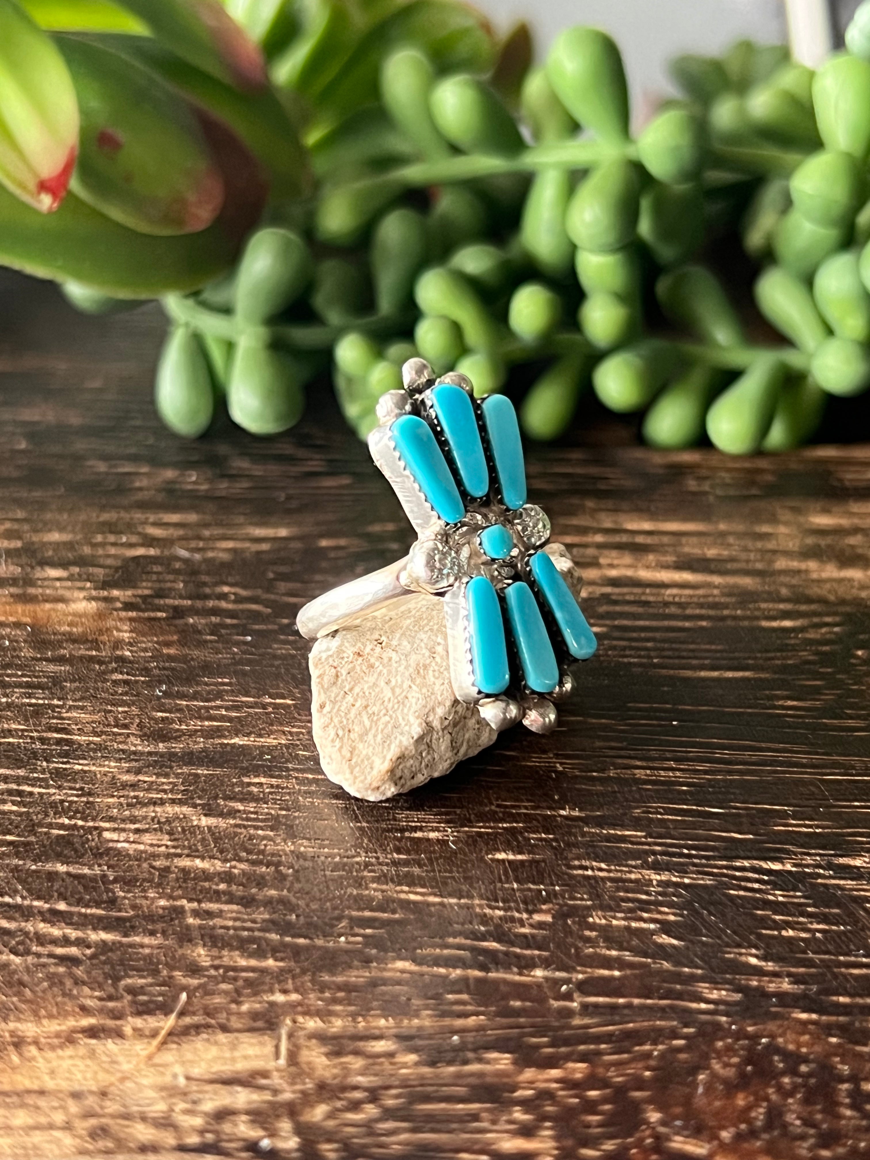 Zuni Made Kingman Turquoise & Sterling Silver Cluster Ring Size 8