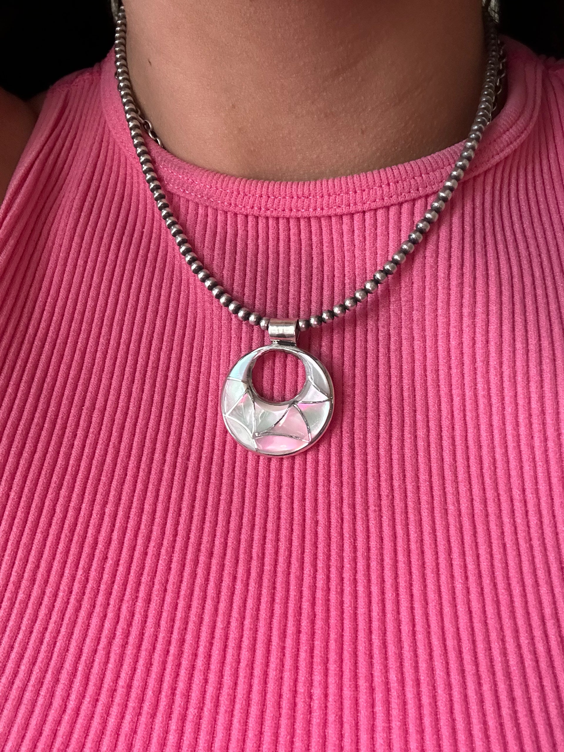 Navajo Made Mother of Pearl & Sterling Silver Inlay Pendant