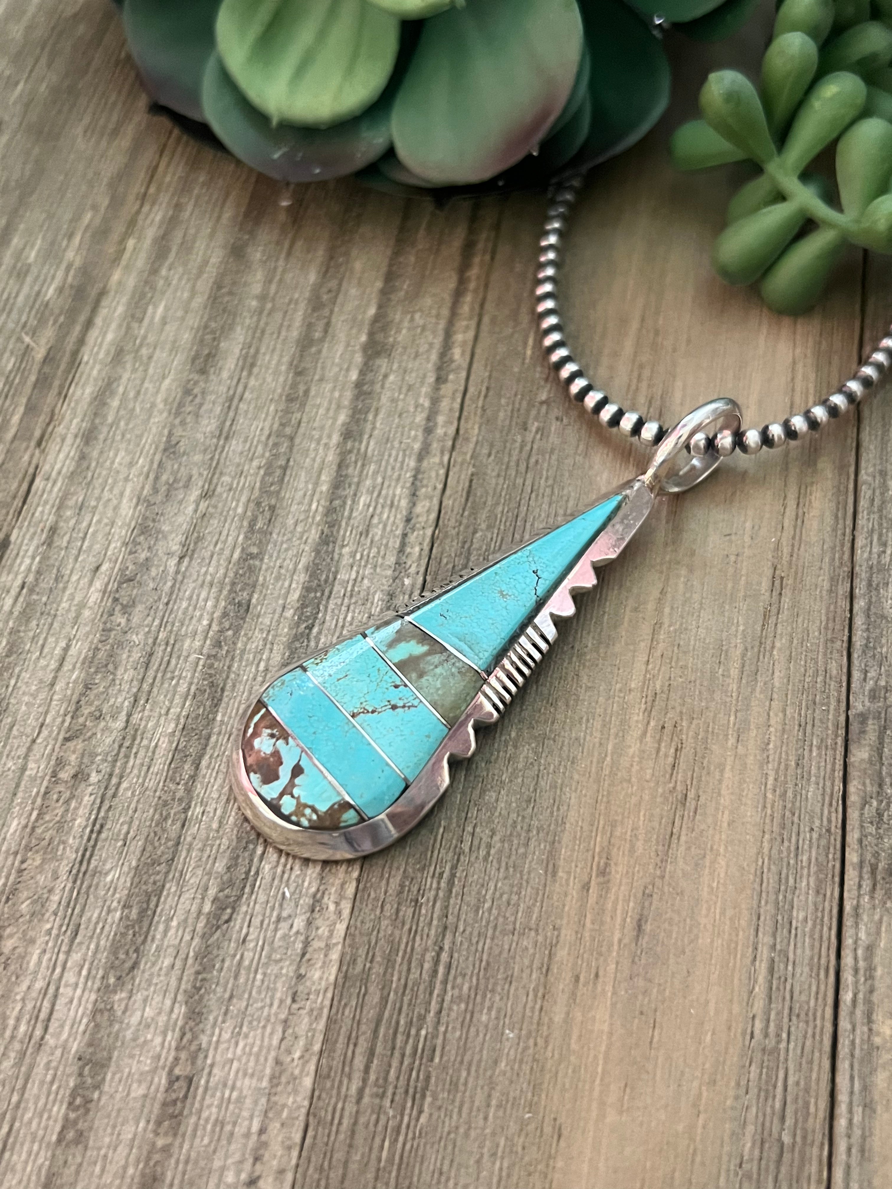 Navajo Made #8 Turquoise & Sterling Silver Inlay Pendan