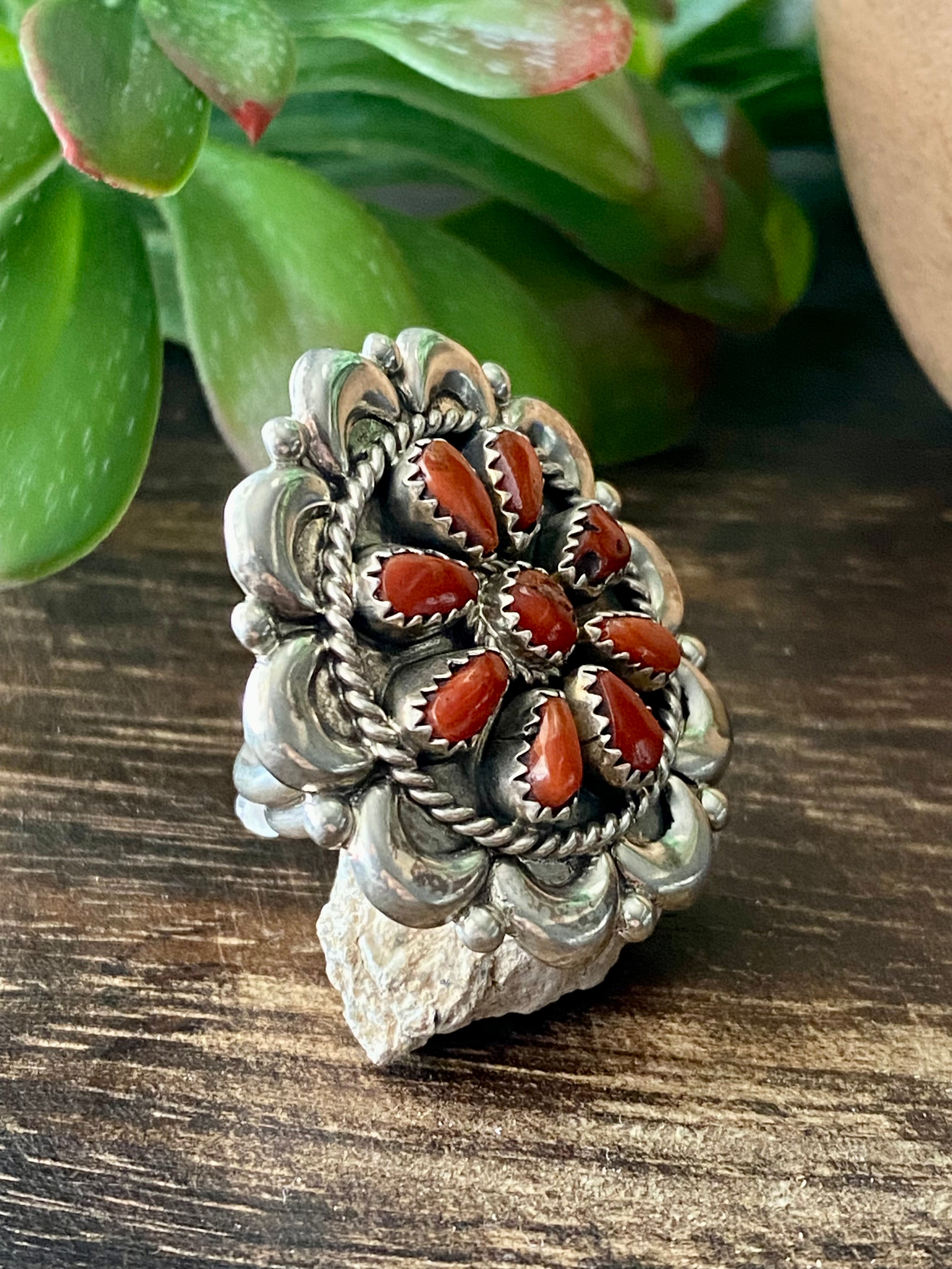 Eunis Wilson Coral & Sterling Silver Cluster Ring Size 7.25