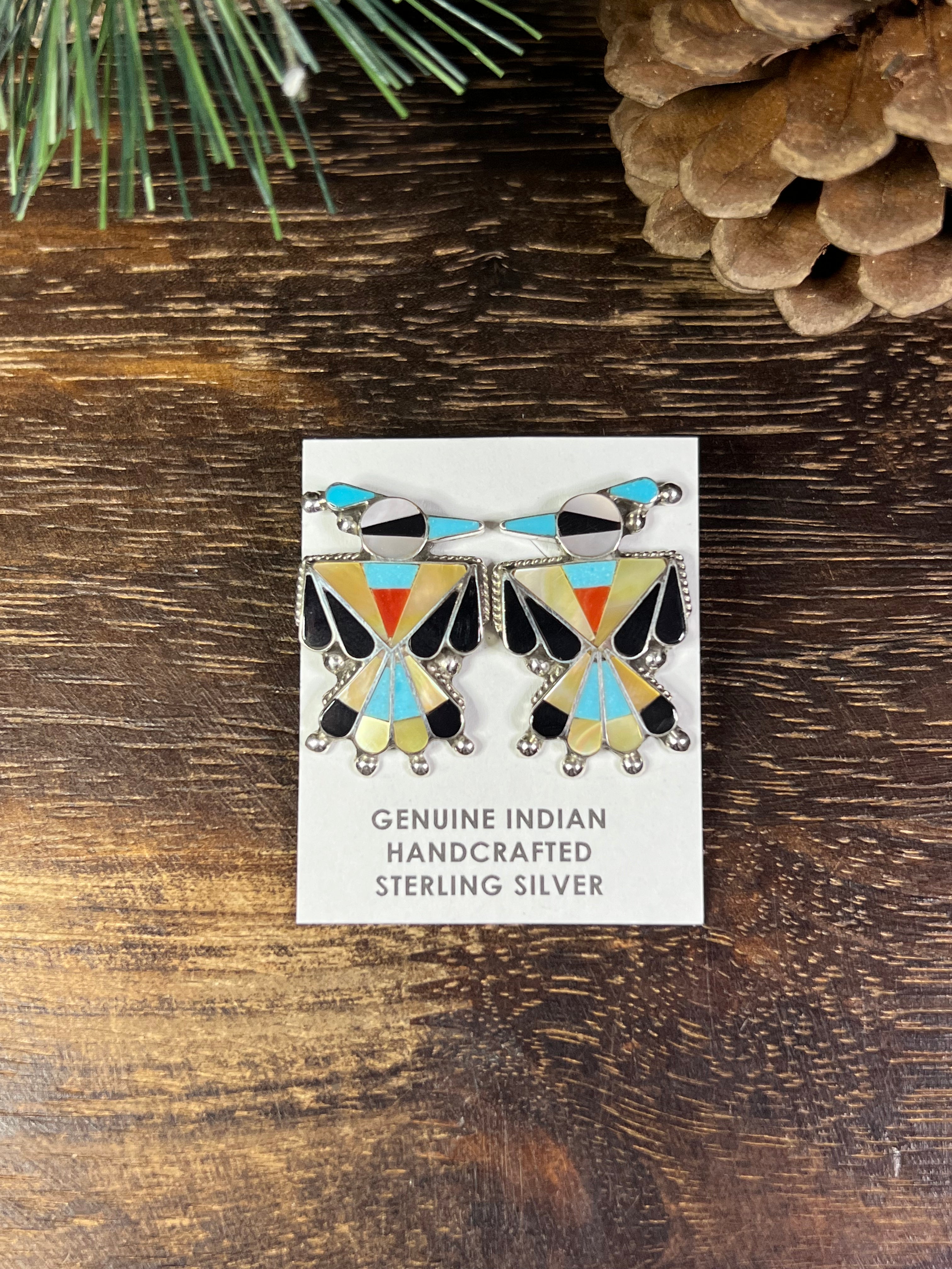 Zuni Made Multi Stone & Sterling Silver Inlay Thunderbird Post Earrings