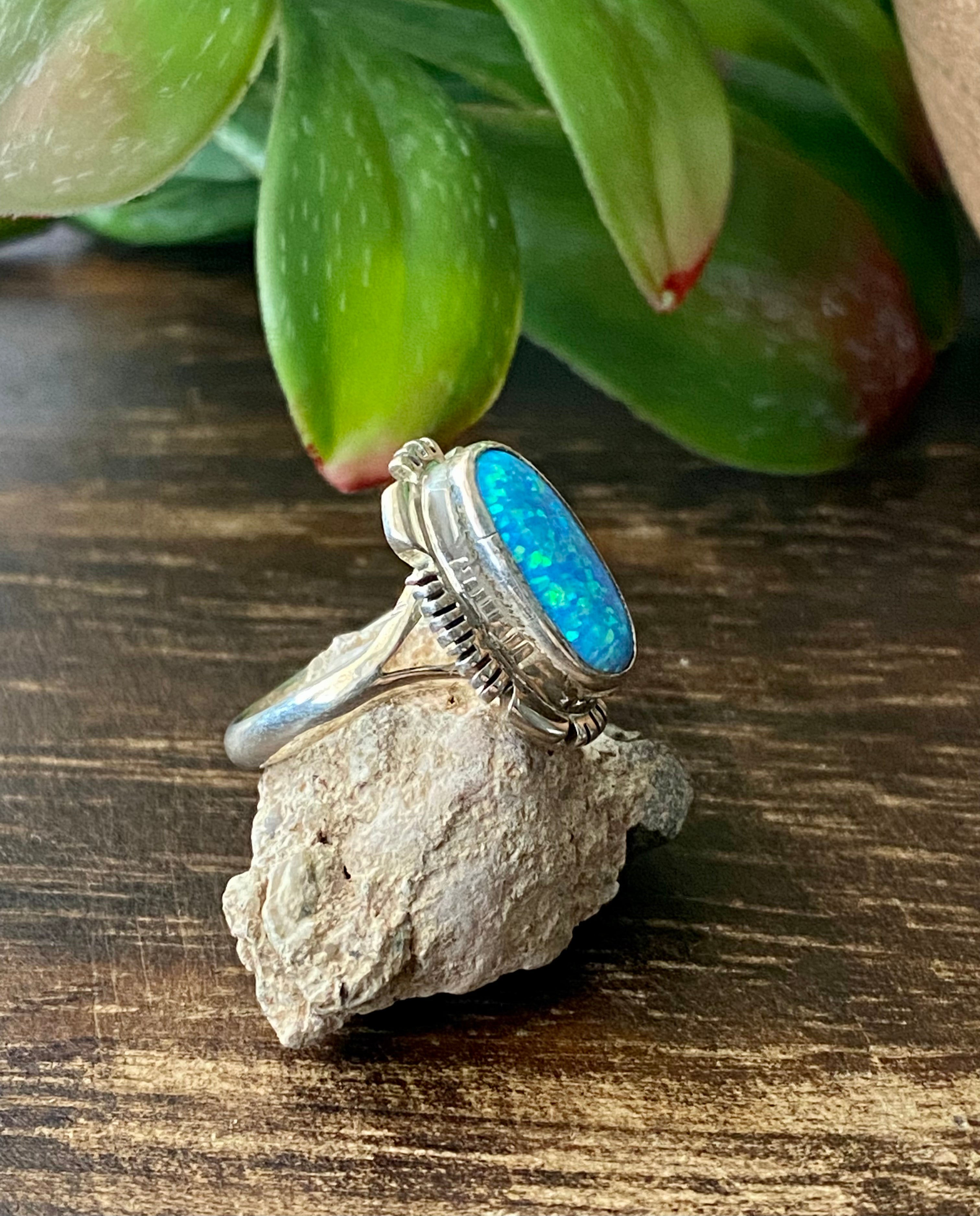 Navajo Made Blue Opal & Sterling Silver Ring Size 6.25