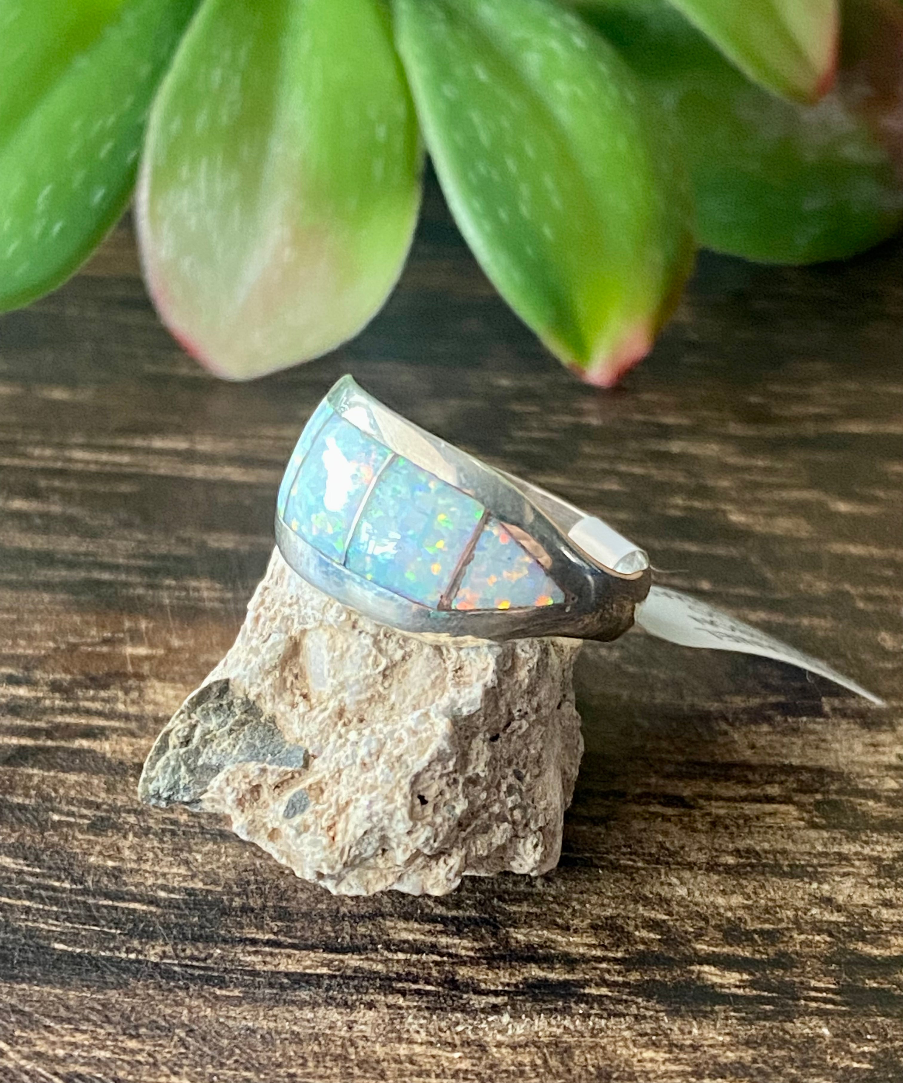 Nathaniel Johnson White Opal & Sterling Silver Inlay Ring Size 6.75