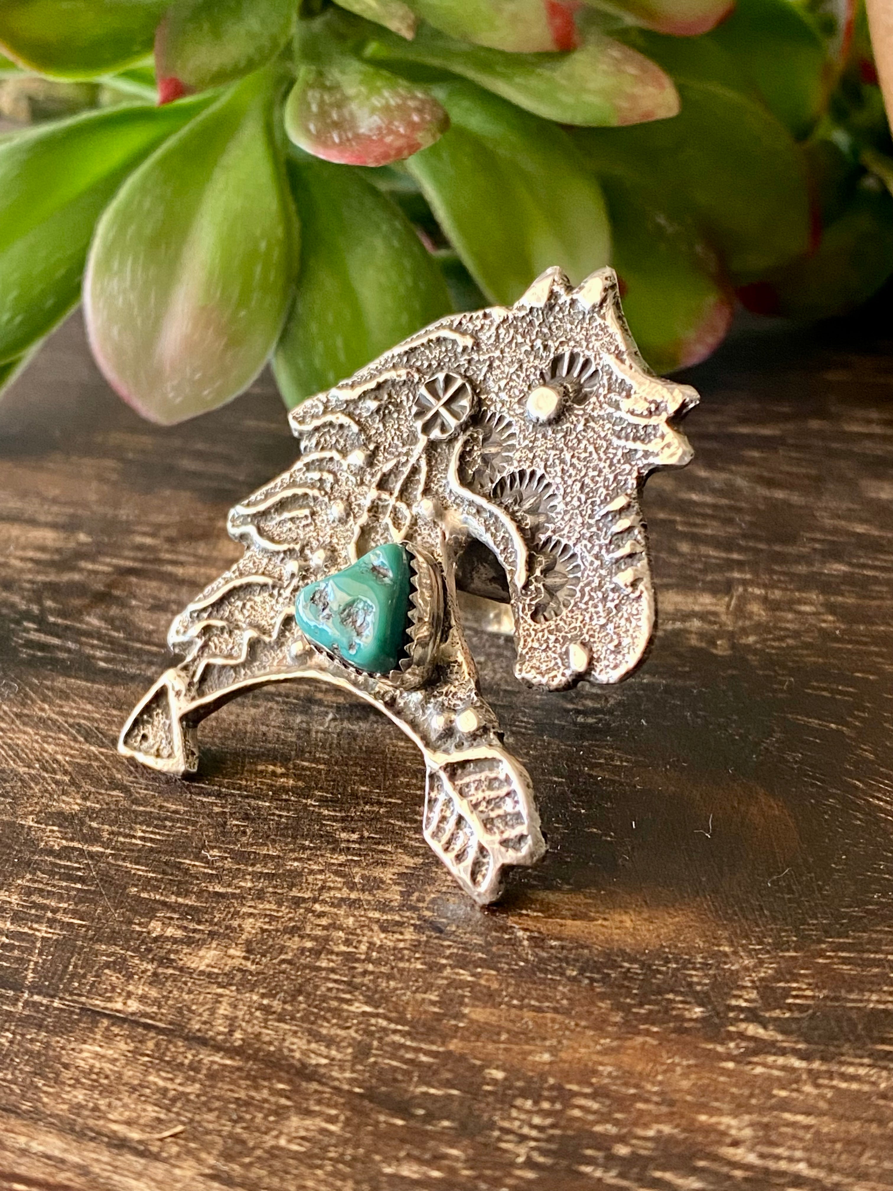 Delbert Arviso Kingman Turquoise & Sterling Silver Tufa Cast Horse Ring Size 9.75