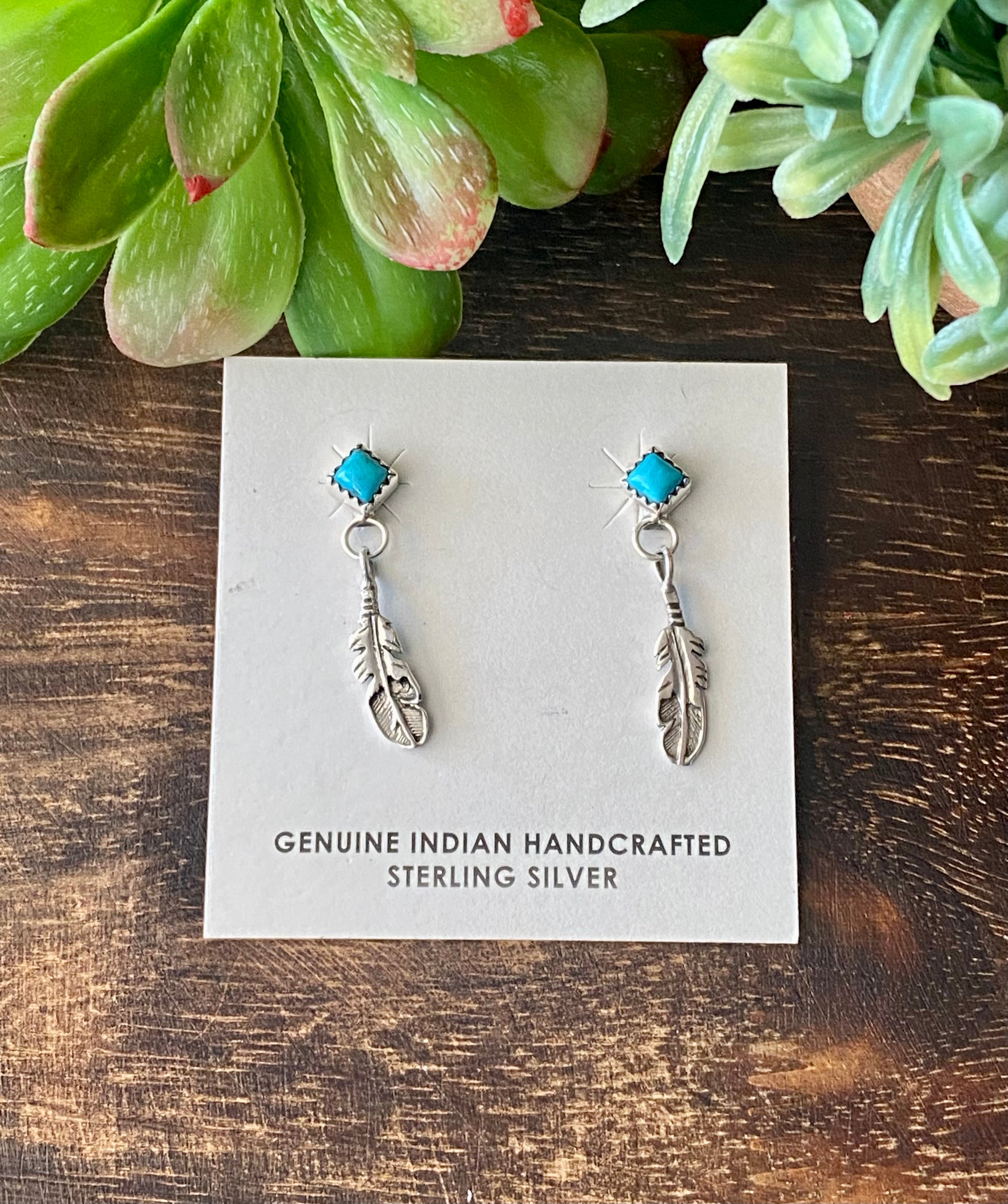 Navajo Made Kingman Turquoise & Sterling Silver Post Dangle Earrings