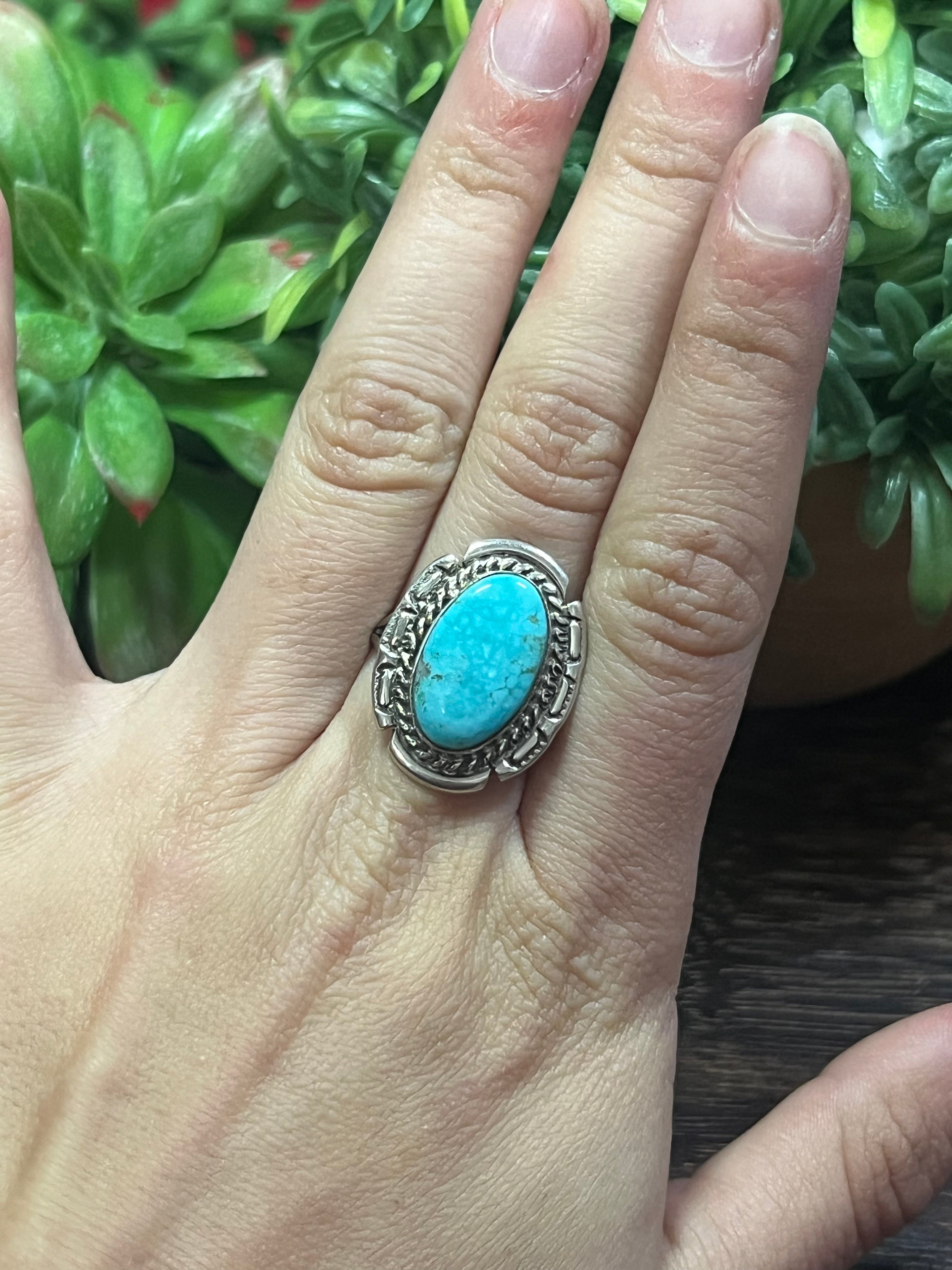 Navajo Made Kingman Turquoise & Sterling Silver Ring Size 7.75