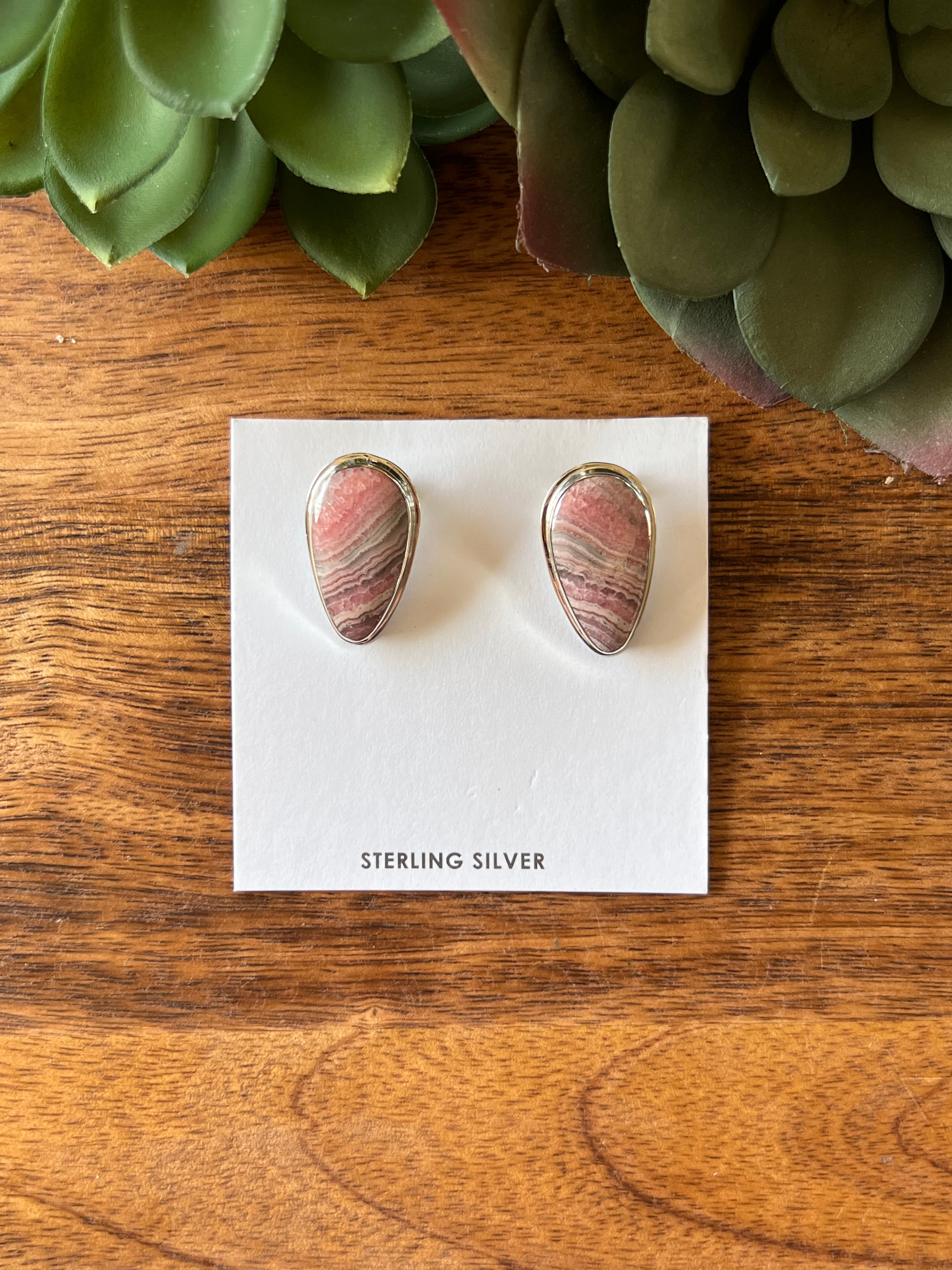 Navajo Made Rhodochrosite  & Sterling Silver Clip On Earrings