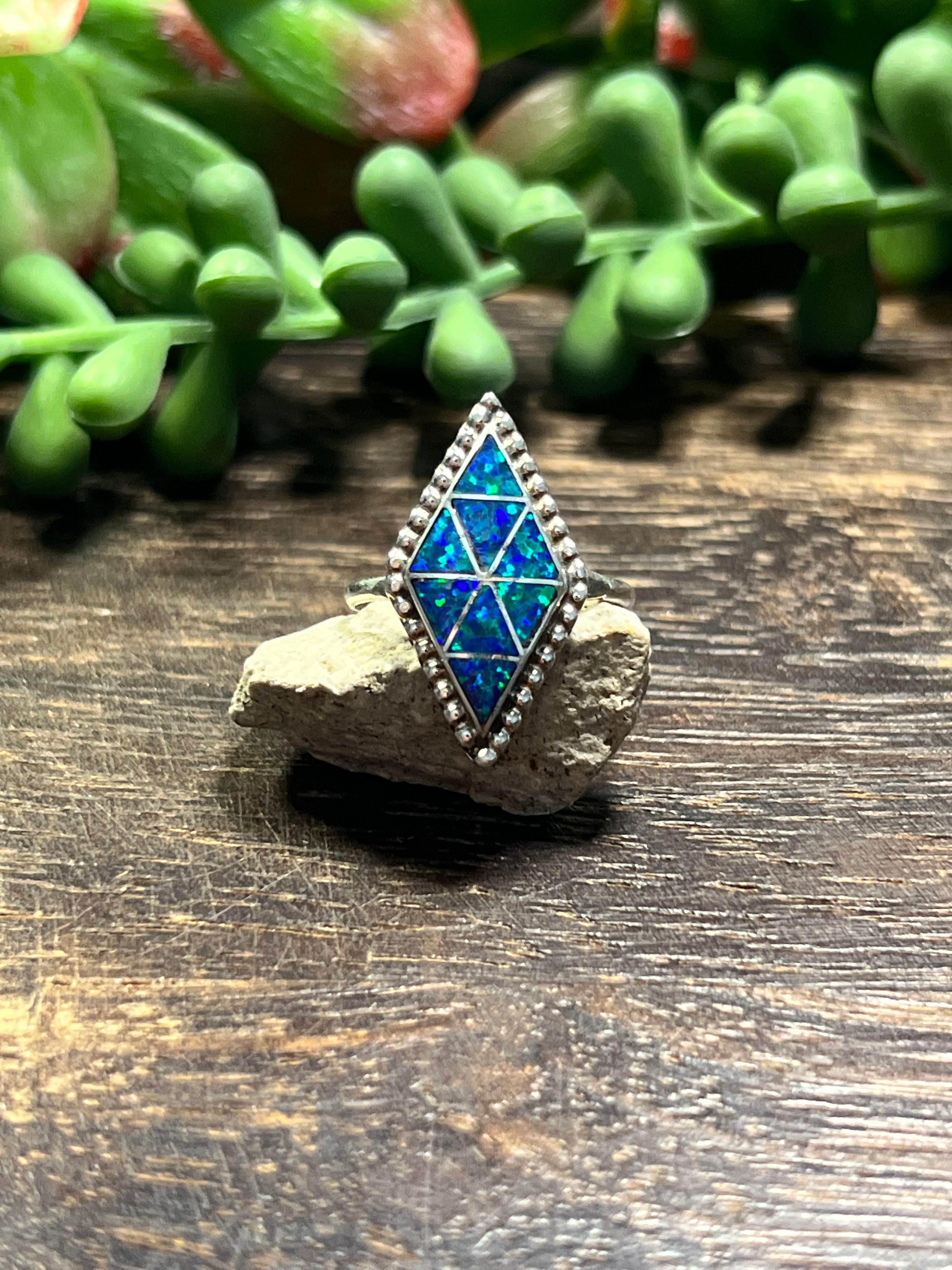 Zuni Made Blue Opal (Man Made) & Sterling Silver Inlay Ring Size 8